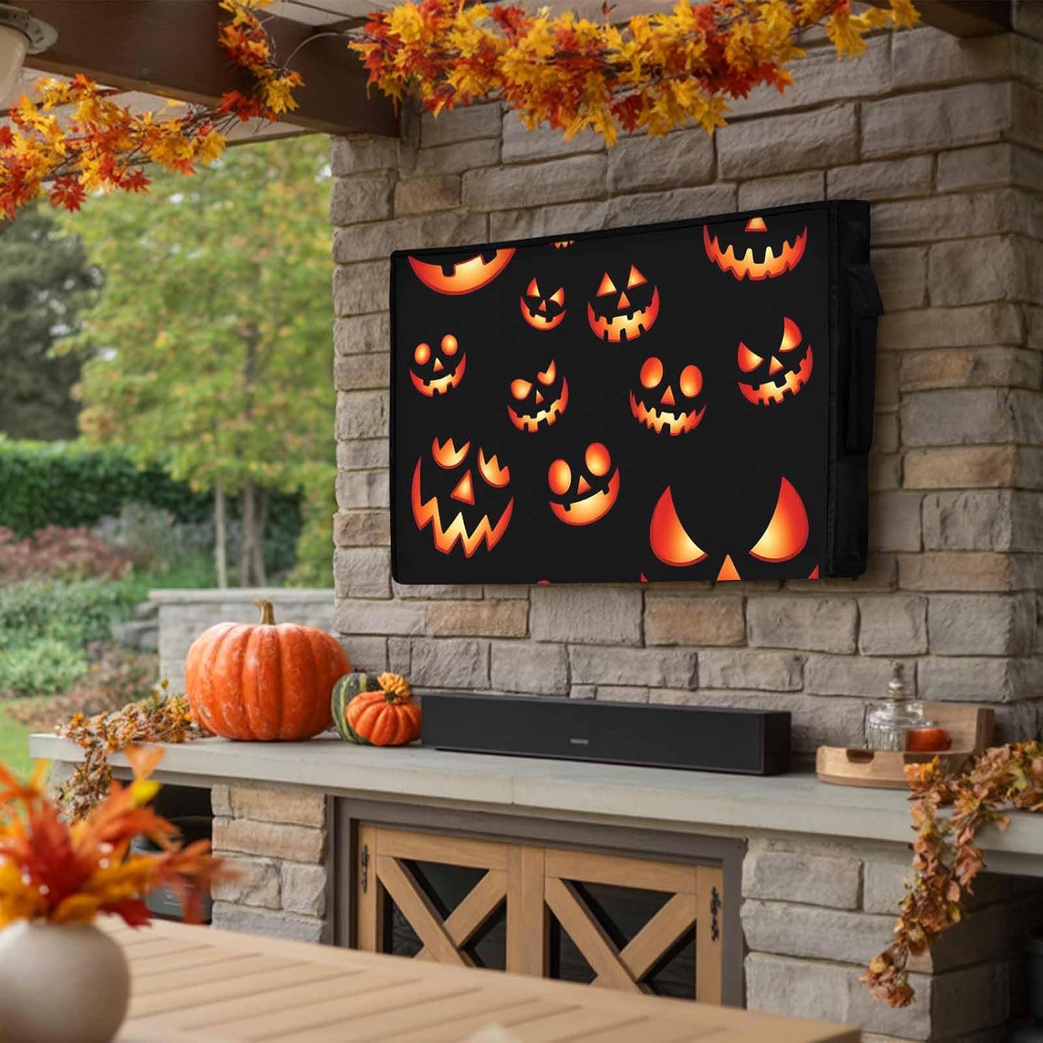 Halloween Outdoor TV Cover 65 Inch Spooky Jack-O-Lanterns TV Enclosure Orange Black Scary Pumpkin Grimace TV Covers for Outside TV Display Screen Protector with Remote Control Pocket Home Fall Decor