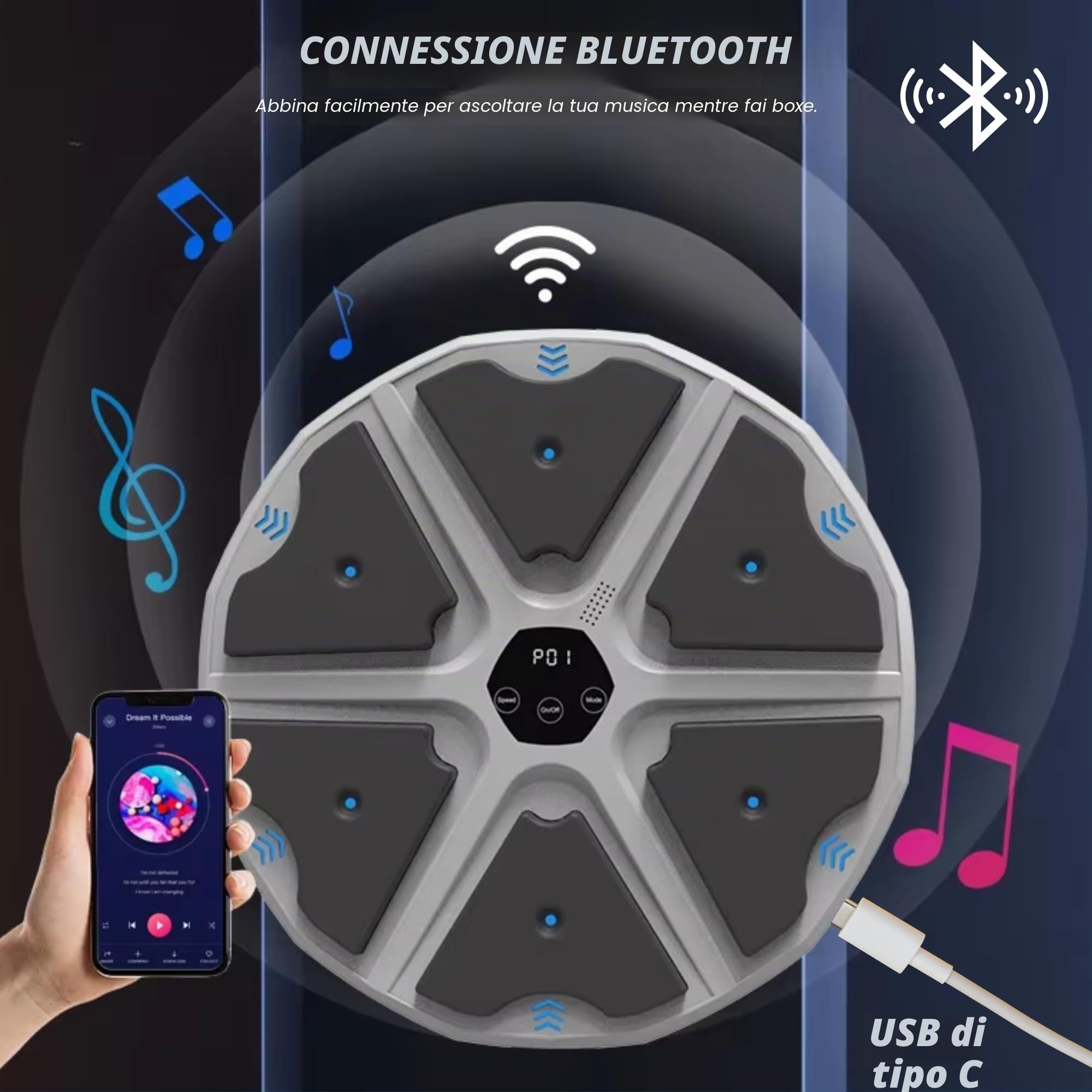 MAGIC SELECT Macchina da Boxe Musicale, Attrezzatura da Allenamento per Boxe a Parete in PU con Guantoni da Boxe, Pad da Boxe a LED, Bluetooth, Luci al Ritmo della Musica. (2 Mode, 43x43x4 cm)