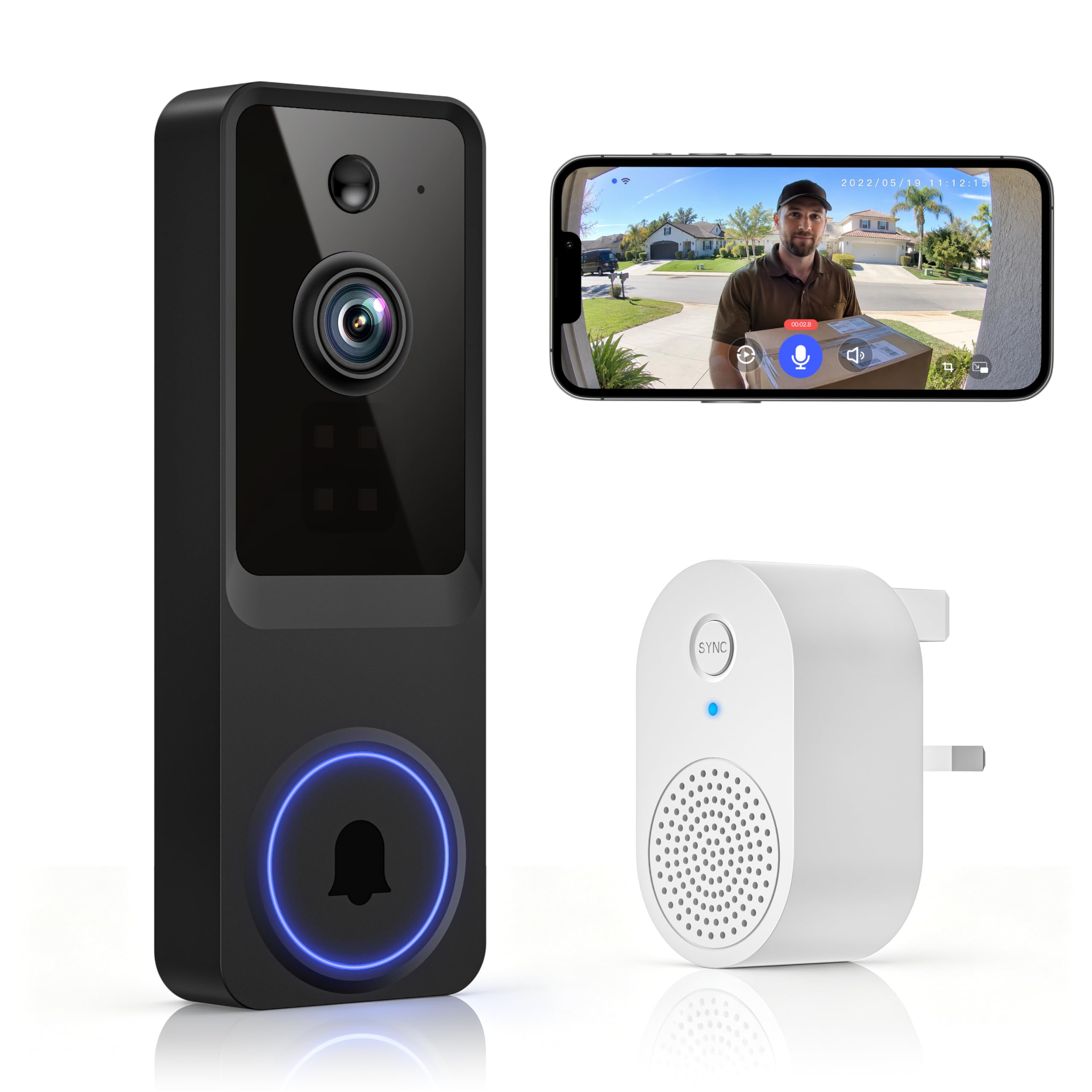 Caméra de sécurité sans fil avec batterie 1080p, sonnette vidéo avec vision nocturne, détection humaine IA, audio bidirectionnel, vue en direct, Wi-Fi 2,4 G, stockage dans le cloud