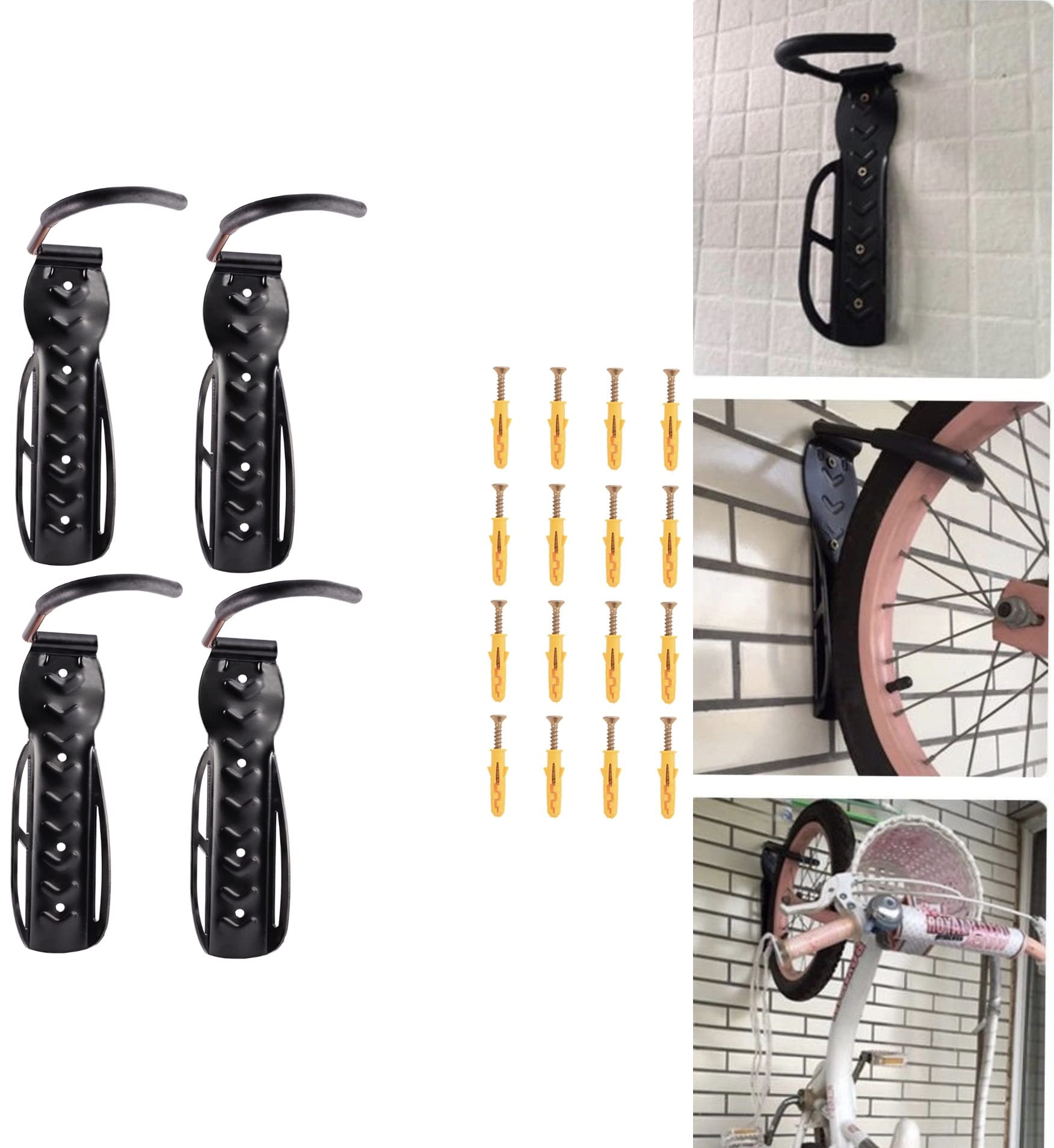 ADEPTNA Set of 4 Heavy Duty Vertical Wall Mounted Bicycle Storage Hanging Hooks - Suitable For Indoor Or Outdoor Use