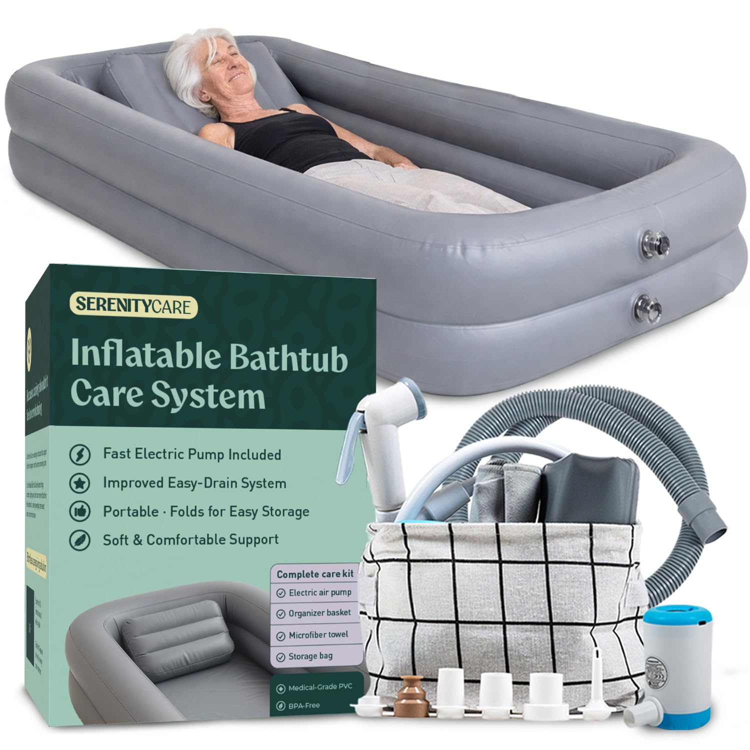 Photo 1 of Inflatable Bed Bathtub for Adults, Bedridden Patients – Easy Bed Bath System for Elderly & Disabled – Home Care Portable Medical Bed Shower Solution with Electric Pump & Complete Kit