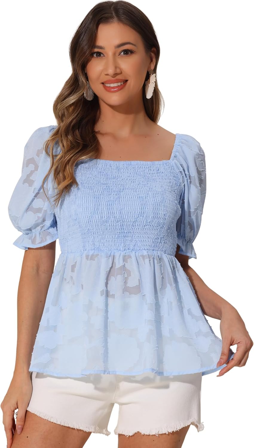 Allegra K Smocked Peplum Tops for Women's Square Neck Ruffle Blouse