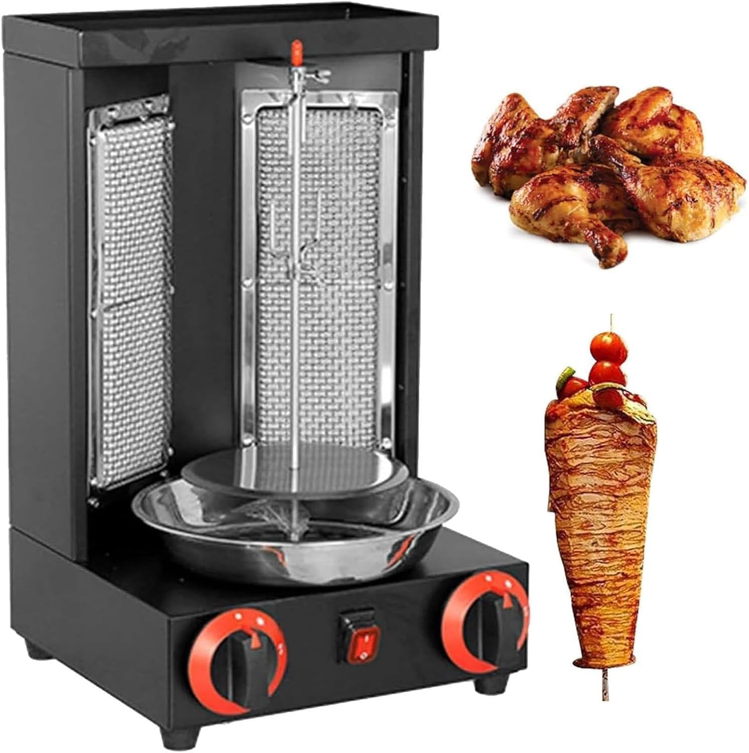 Automatic Rotation Vertical Kebab Grill,Grill Kebab Machine with Temperature Adjustment Switch and 2/3 Heating Tubes,for Roast Turkey,Taco Roast(Black,TwoHeads)