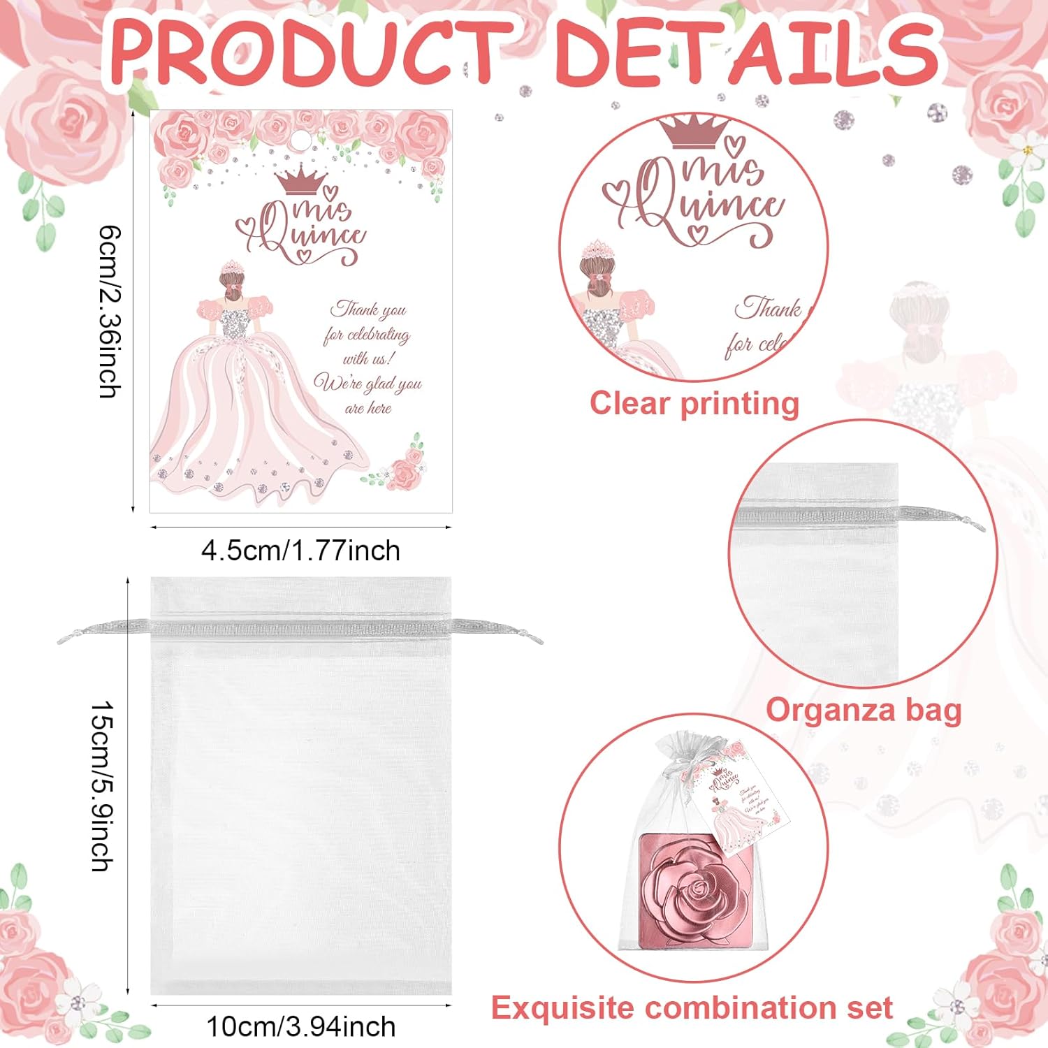 50 Sets Rose Compact Mirrors Bulk Quinceanera Wedding Party Favors Including Rose Shape Mirrors and Thank You Tags with White Organza Bags for Quinceanera, Wedding Party Guests Souvenir Gift