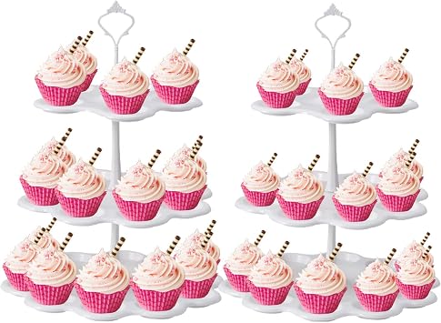 Cupcake Stand, 2 PACK Cupcake Holder, 3 Tier Serving Tray, White Plastic Cupcake Tower, Cupcake Display Stand for Desserts, Pastry, Macorons, Muffins Party Supplies
