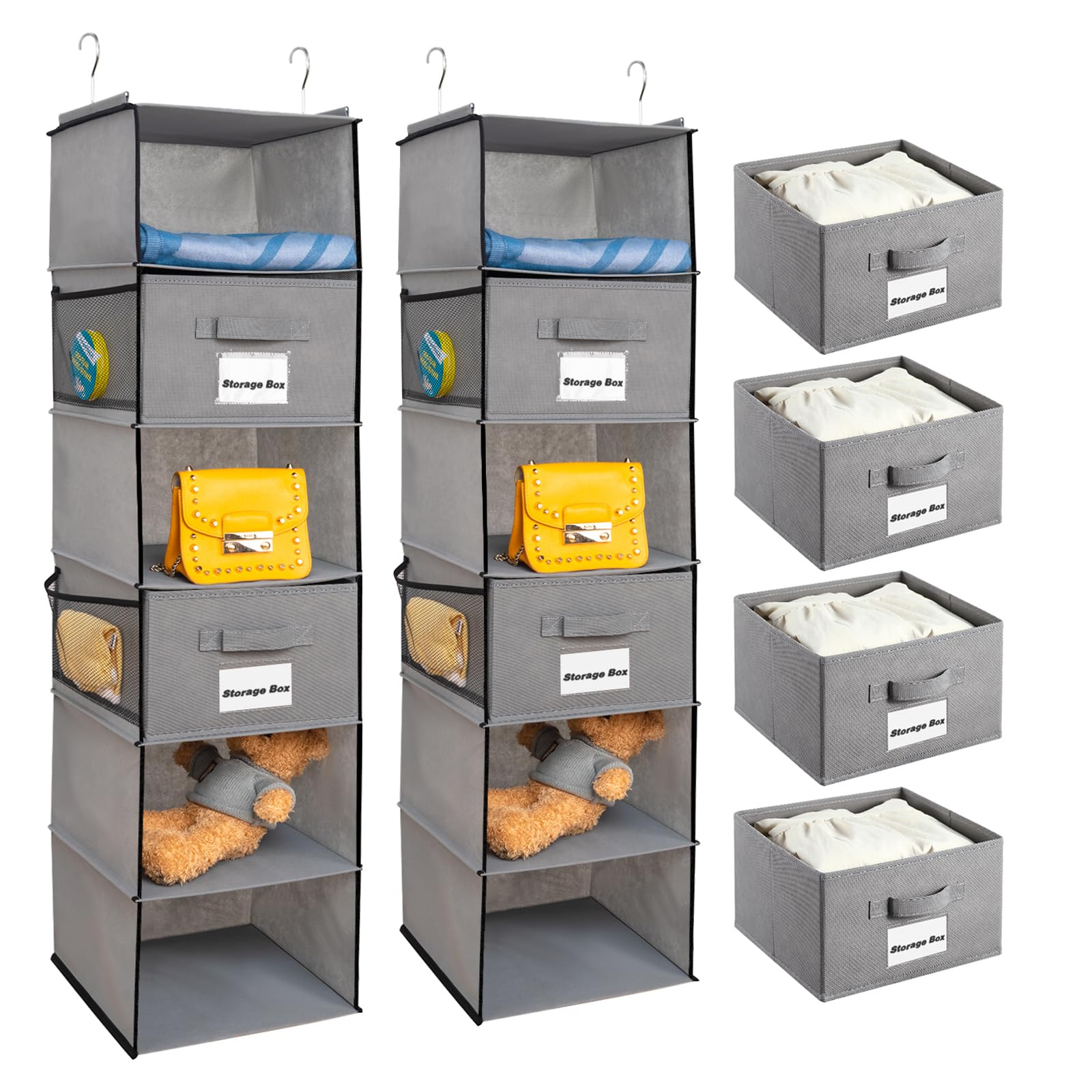 BrilliantJo Rangement penderie 6 étagères avec 2 tiroirs Amovibles Rangement penderie avec 4 Poches pour vêtements - Gris(30x 30 x 110cm