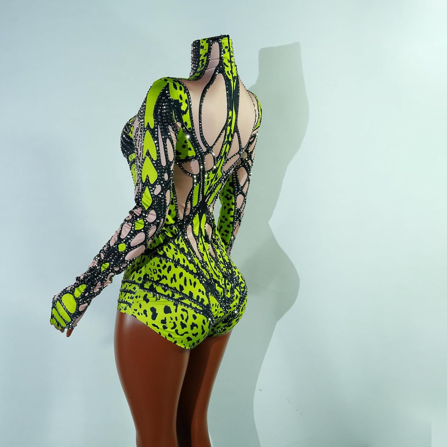 Tyian Rhinestone Fashion Hands Printed Long Sleeve Bodysuit Performance Singer Pole Dancing Club Birthday Show Stage Costume