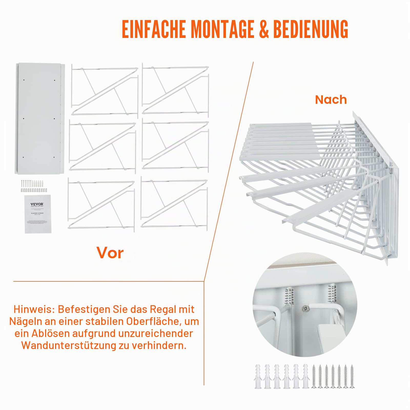 STORAGE_RACK VEVOR Wandmontage-Lagerregal für Blaupausen, bietet Platz für bis zu 1200 Blaupausen, hängender Blaupausenhalter mit 12 Schwenkhalterungen, für 24, 30, 36 oder 42 Zoll Klemmen, 109 kg