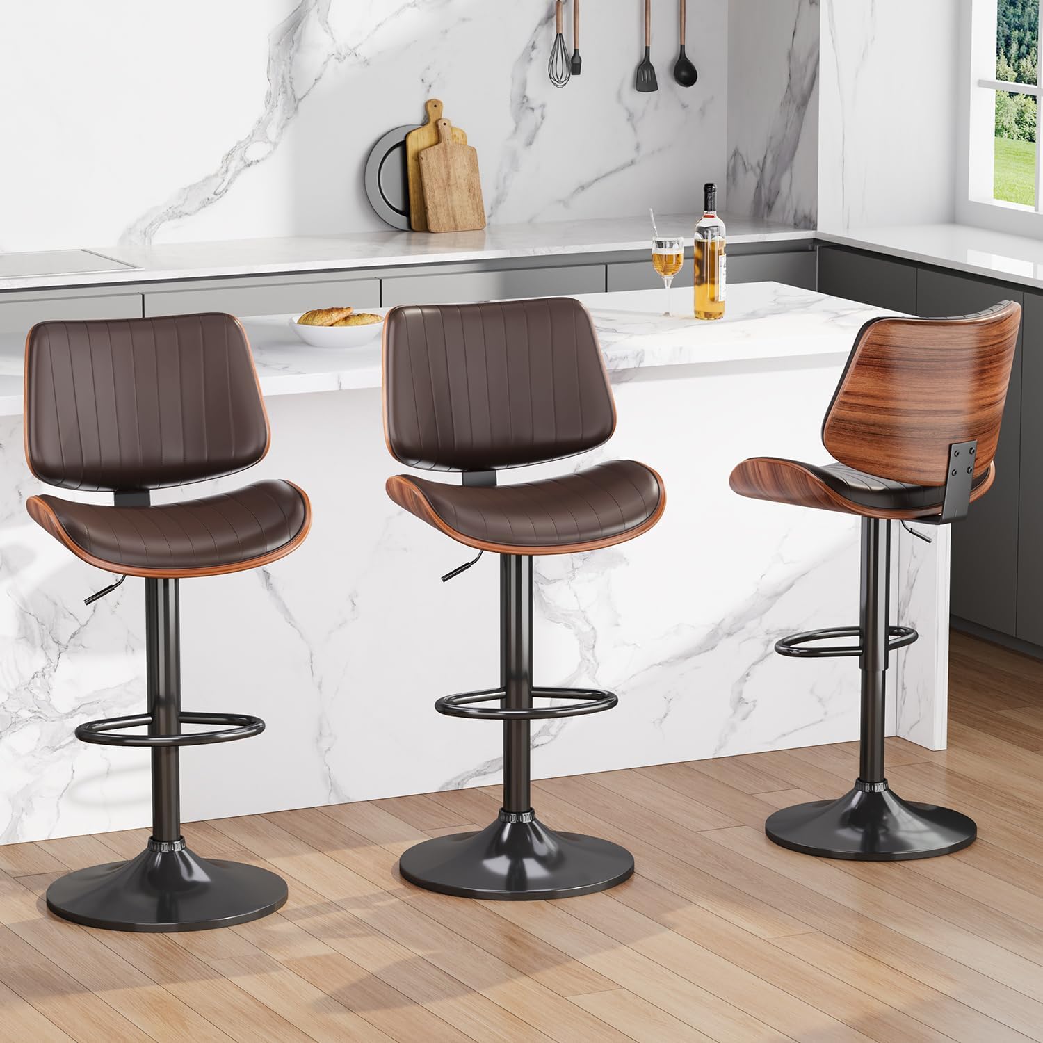 REONEY Swivel Bar Stools Set of 3, Adjustable Bentwood Barstools for Kitchen Counter, Modern PU Leather Upholstered Bar Chair with Back and Footrest, for Kitchen Island, Bar, Dining Room, Brown