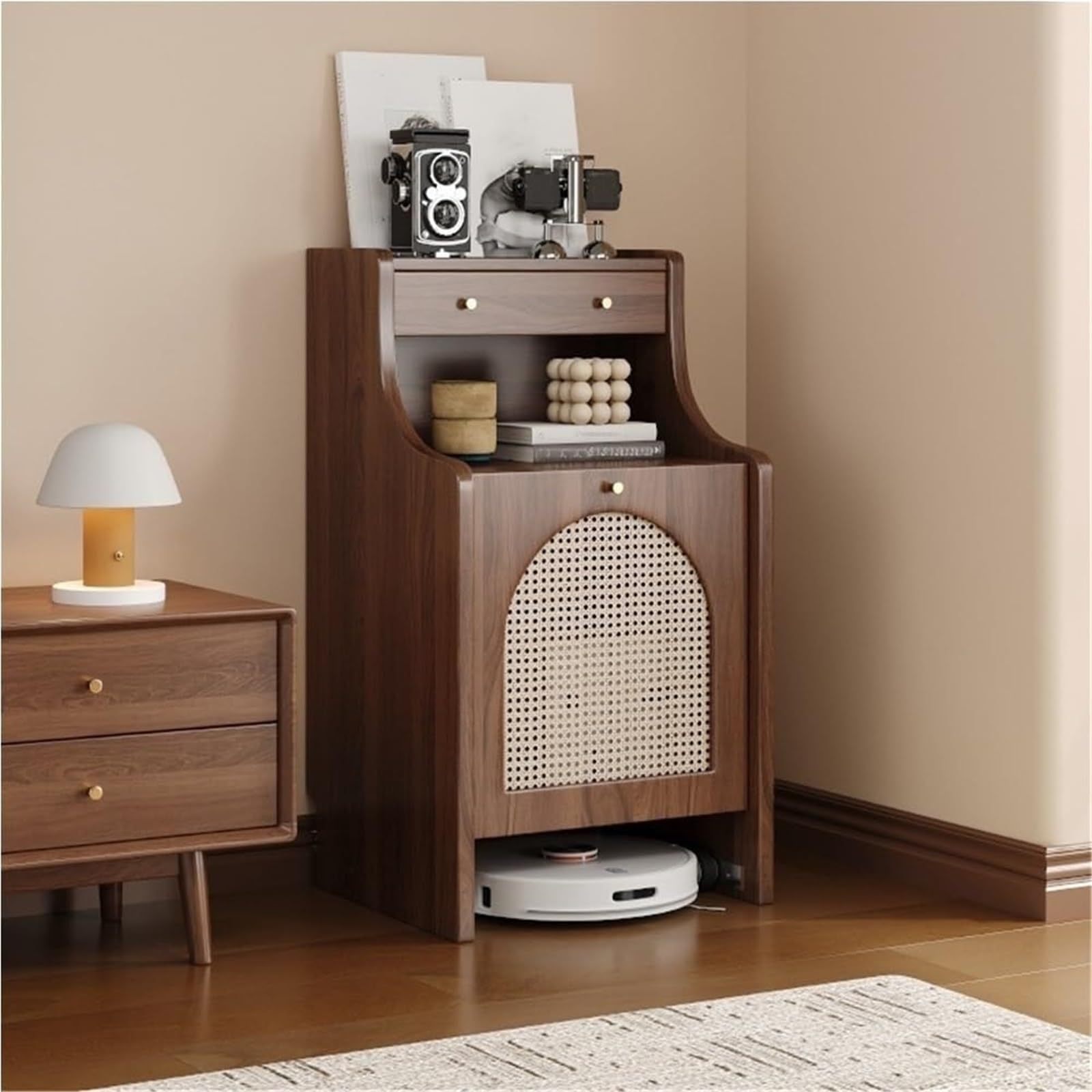 MESCXTY Home Furnishing Sofa Side Table Sweeper Robot Vacuum Hidden Storage Cabinet Over The Shelf for Entryway Living Room(Brown,45cm/17.7in)