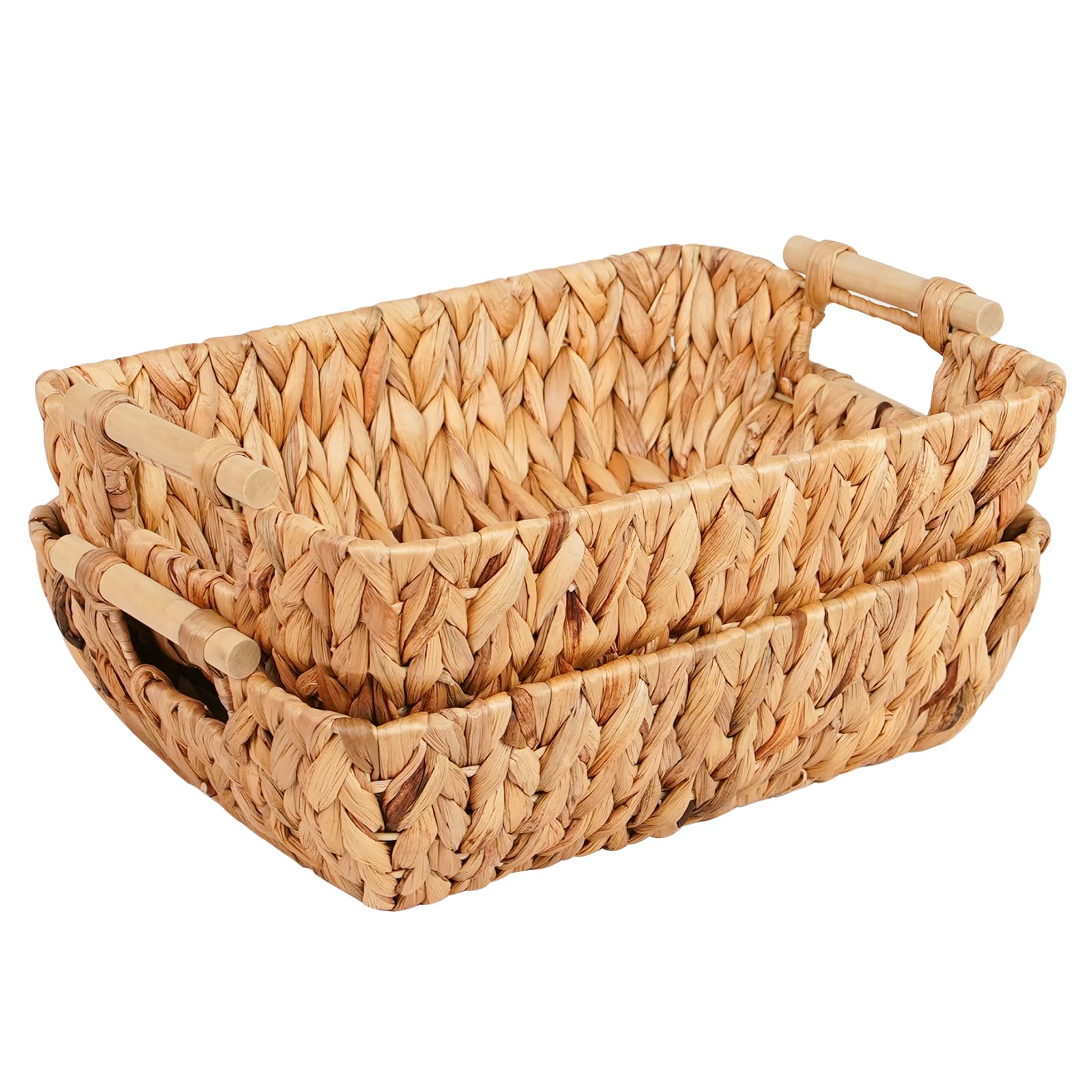 Wicker Storage Baskets with Wooden Handles, Hand-Woven Water Hyacinth Storage Organizers for Throw Blankets, Bedroom, Living Room, Laundry(2 Pack)