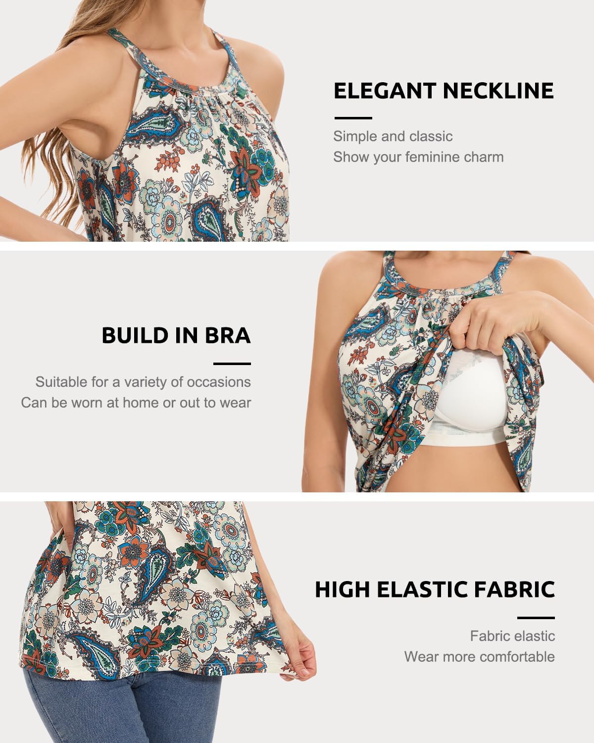 Rosyline Women Camisole with Built in Bra Summer Halter Tank Top Casual Loose Fit Shirts - Image 4