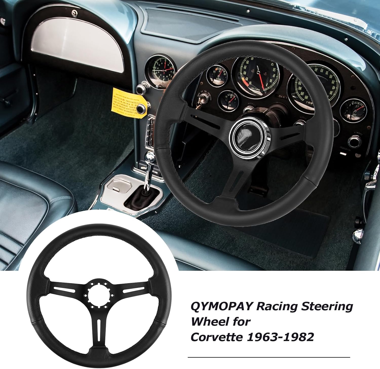 14"Racing Steering Wheel, Perforated Leather Trim Stitch Steering Wheel for Corvette 1963-1982, Black