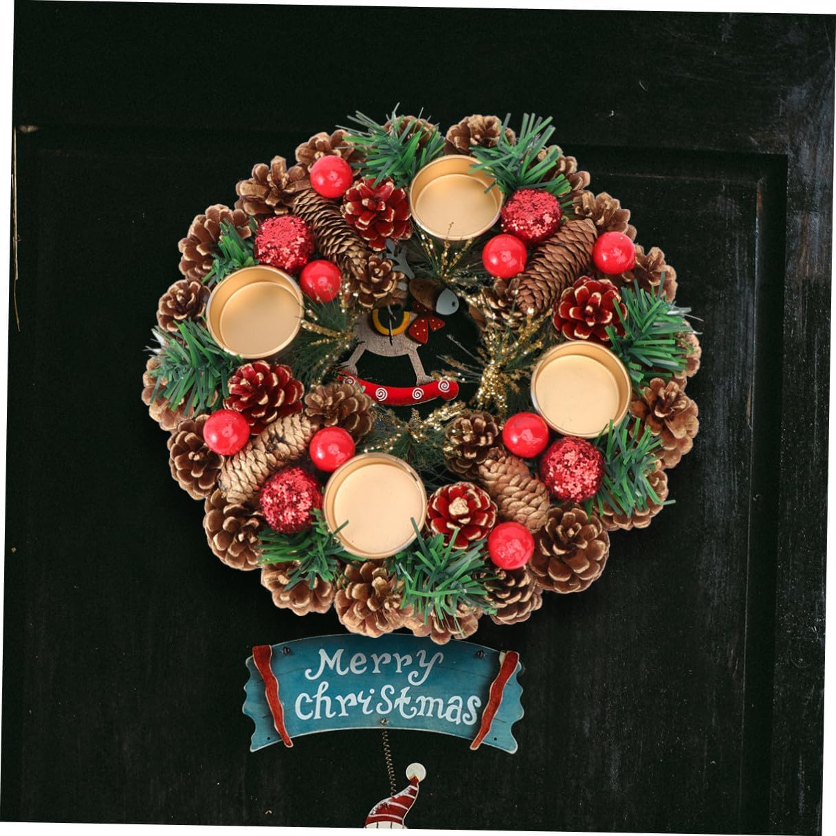 Christmas Candleholder and Handmade Decorative Garland, 27cm Creative Wreath Desktop Decor for Holiday Home Ornament