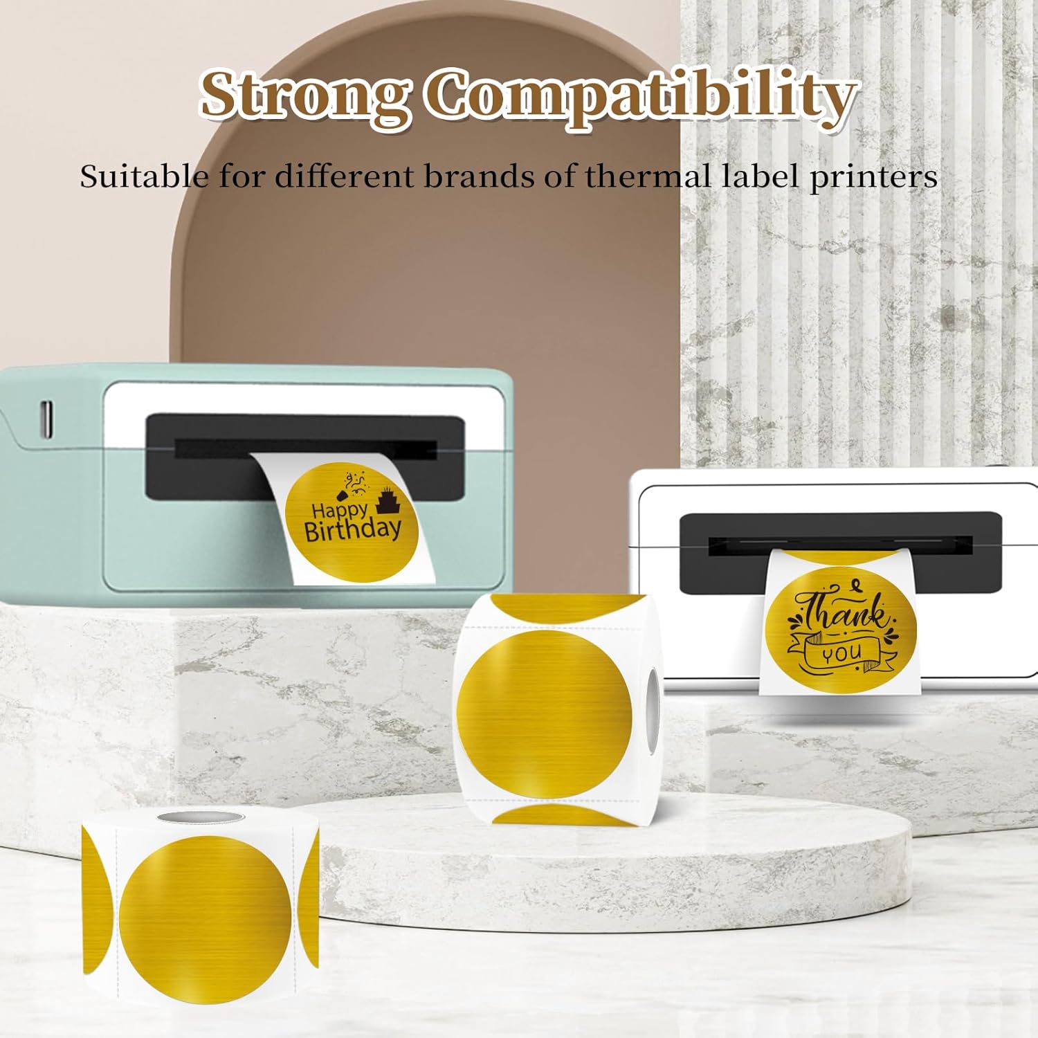 2 Inch Holographic Thermal Labels,Gold Round Thermal Printer Labels,Printable Round Thermal Printer Labels Self-Adhesive Direct Thermal Label(300 Labels/Roll Gold) - Image 4