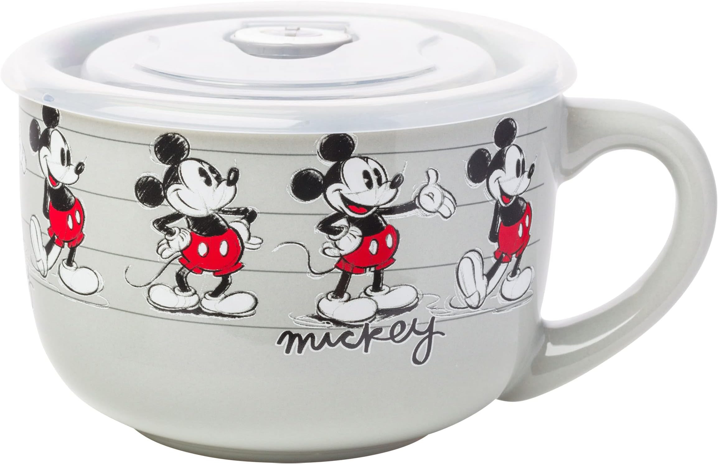 Silver Buffalo Disney Mickey Sketch Line Up Ceramic Soup Mug with a Vented Plastic Lid, 24 Ounces