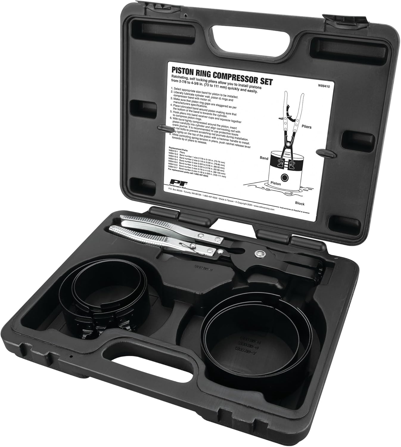 Performance Tool W89410 Piston Ring Compressor Set - Easy Installation of Piston Rings for Most Cars and Trucks - SAE and Metric - 12 Sizes Included