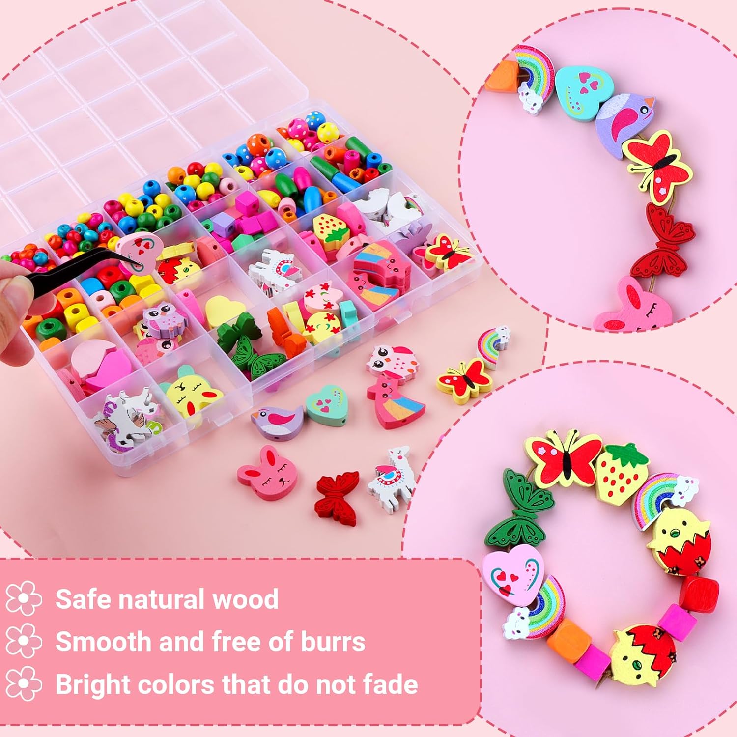 Craft Colourful Wooden Beads for Threading DIY Beads Jewellery Set Children's Wooden Beads with Hole for Threading Craft Beads for Bracelets Cord Set Necklaces Gift (500 Pieces Craft Colourful Wooden