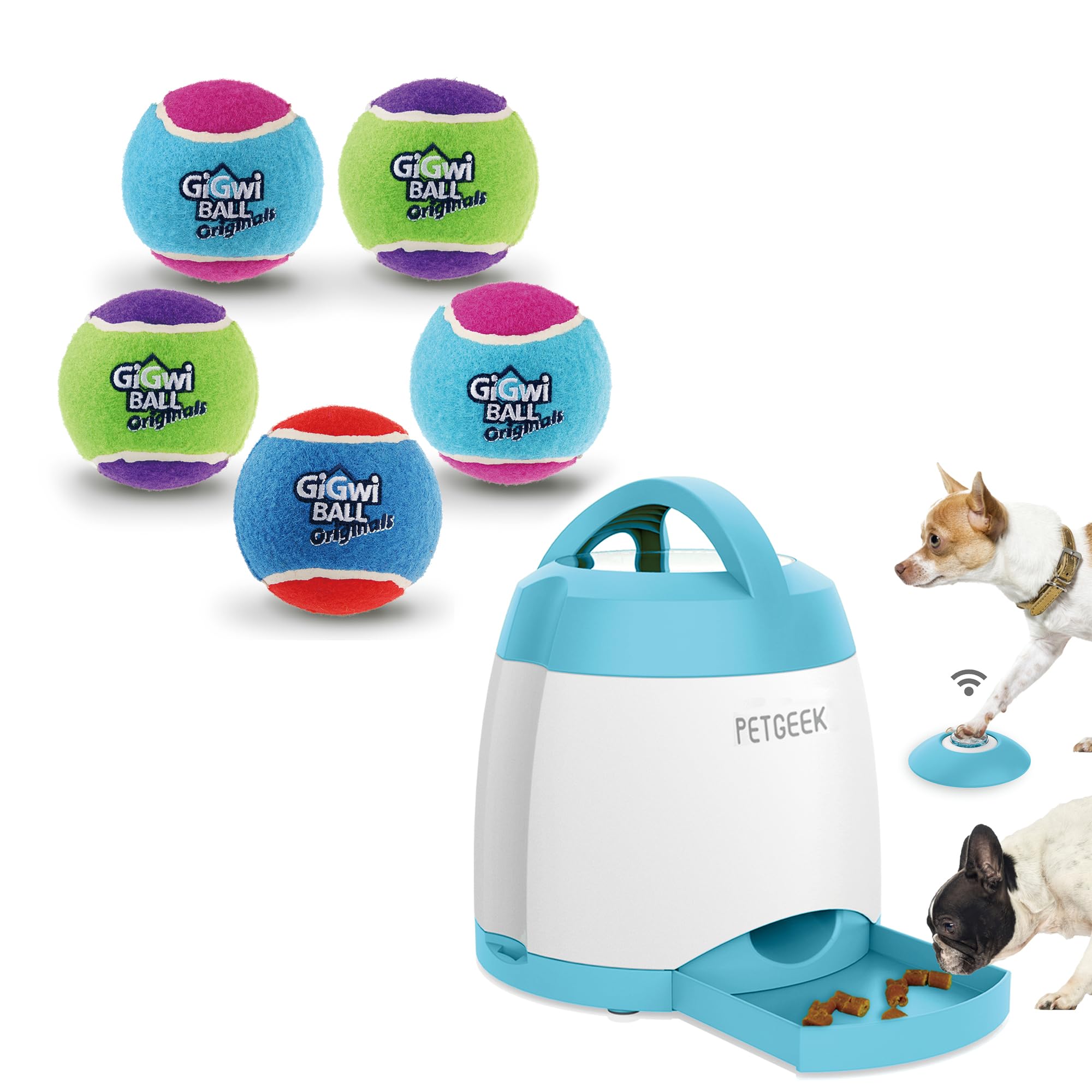 PETGEEK Bundle 2 Items Treat Dispenser Dog Toys Gigwi Squeaky Tennis Ball Dog Toys 5 Set