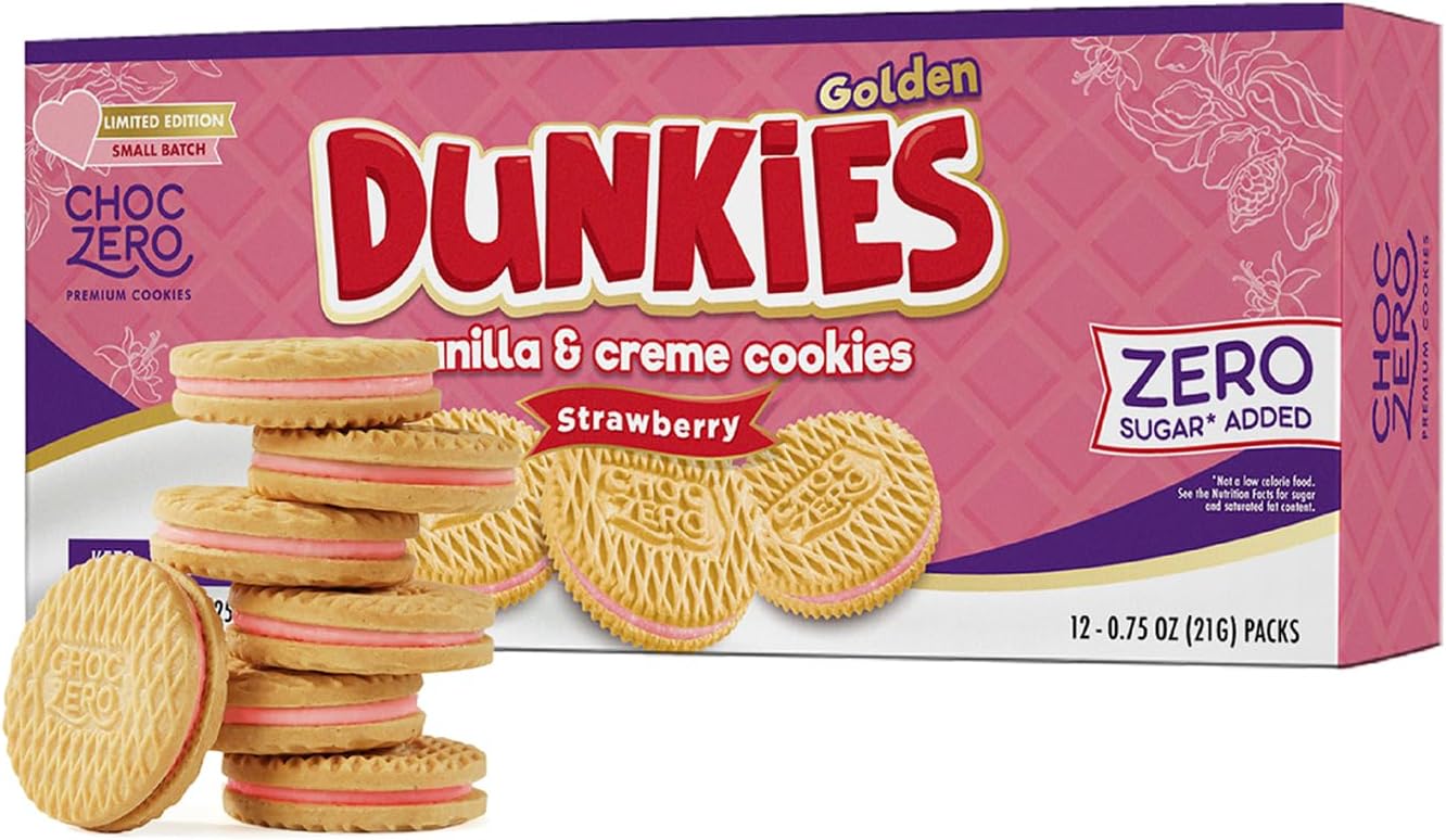 ChocZero Strawberry Creme Dunkies, Gluten Free, Low Sugar, Keto Strawberry Vanilla Sandwich Cookies, 9 oz