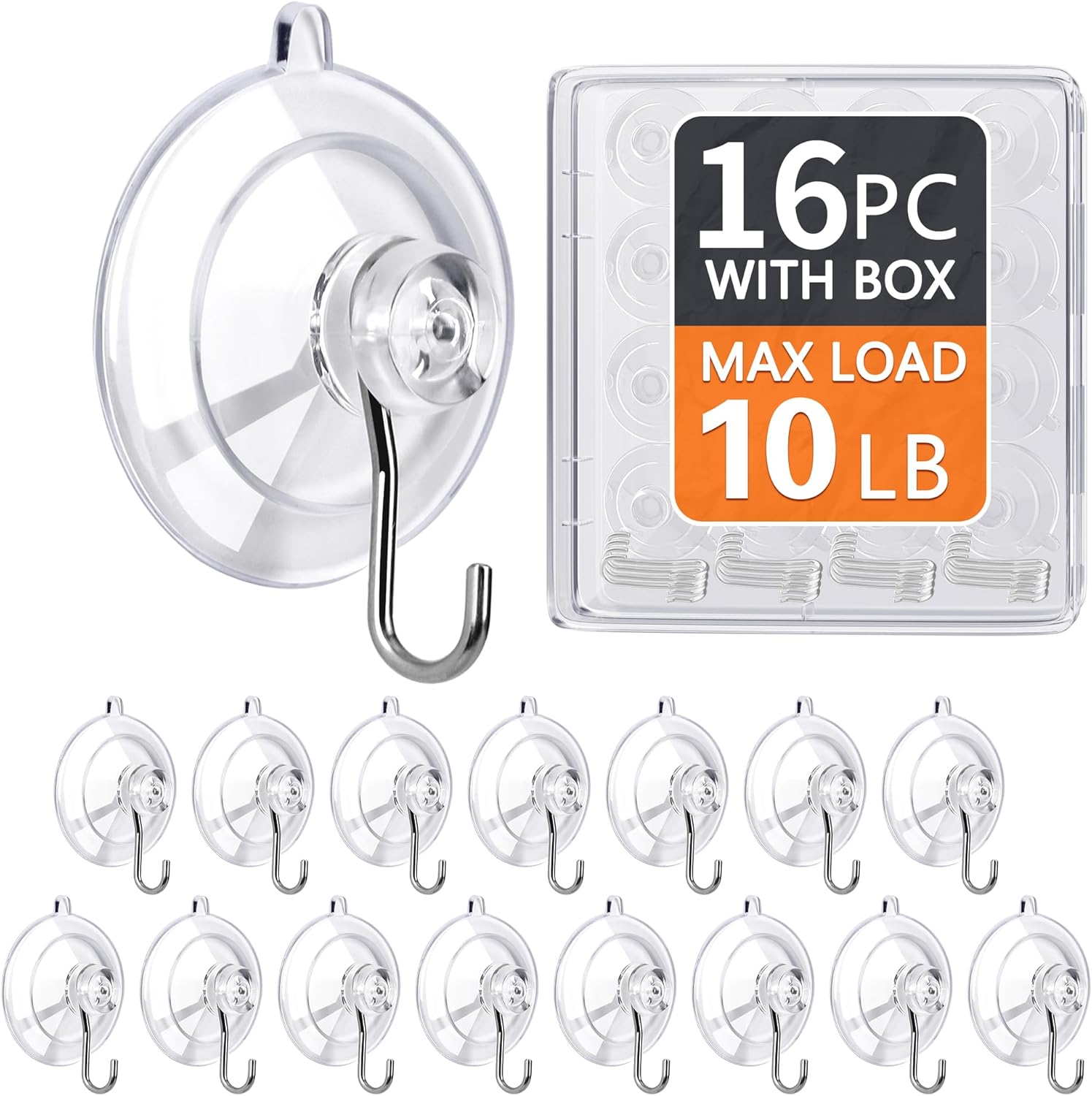 KORCCI Suction Cup Hooks 16Pack – Max Load 10LB, 1.77Inch Clear Medium Suction Cups, No Trace, Reusable & Removable, Stainless Steel Hooks, for Tile, Glass, Window, Shower, Kitchen, Bathroom