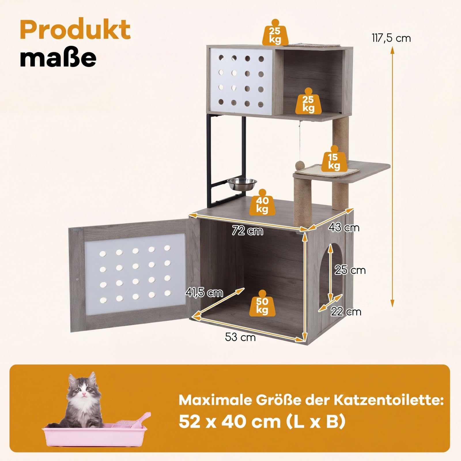 COSTWAY Kratzbaum mit Katzenklo Schrank, Katzenschrank für Katzentoilette, Katzenhaus Holz, Katzenkratzbaum mit Futterstation, Sisalpfosten, Kratzmatten & Eingang, Katzenbaum Katzen (Grau)
