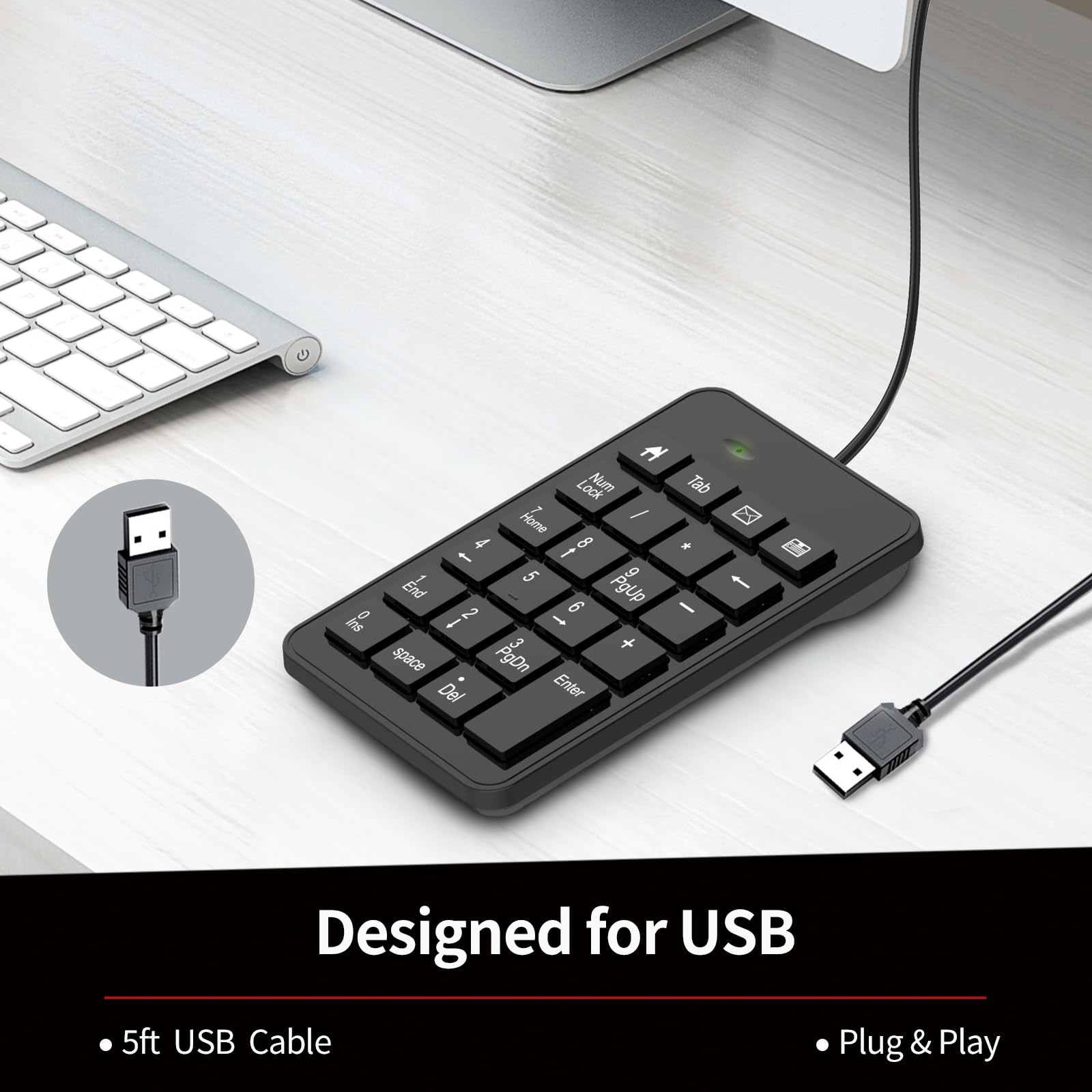 Tastiera numerica con cavo, tastierino numerico USB a 23 tasti, tastiera contabile finanziaria, accessori da ufficio per laptop, PC, desktop, computer, notebook, nero