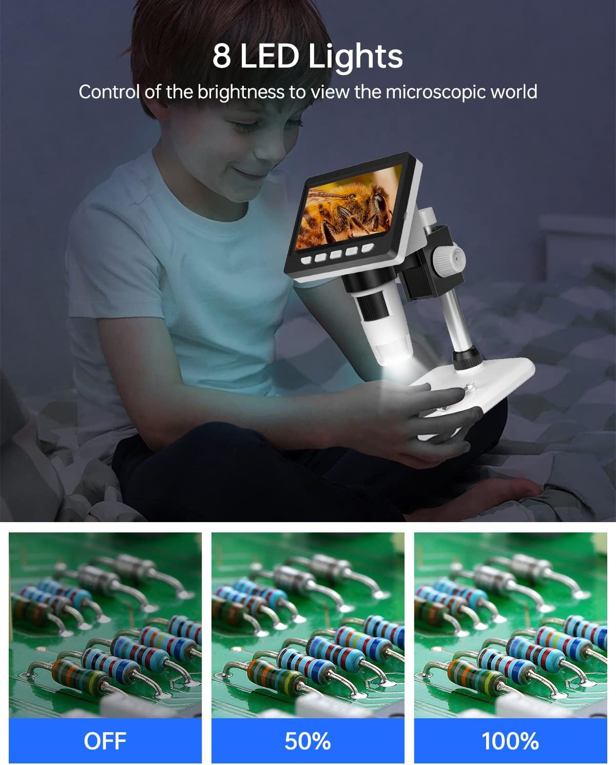 LCD Digital Microscope, ANKYLIN 4.3" 1080P USB Coin Microscope Camera for Adults and Kids' Gift, 50-1000X Magnification, 8 Adjustable LED Fill Lights, Windows/Mac Compatible, 32GB SD Card Included