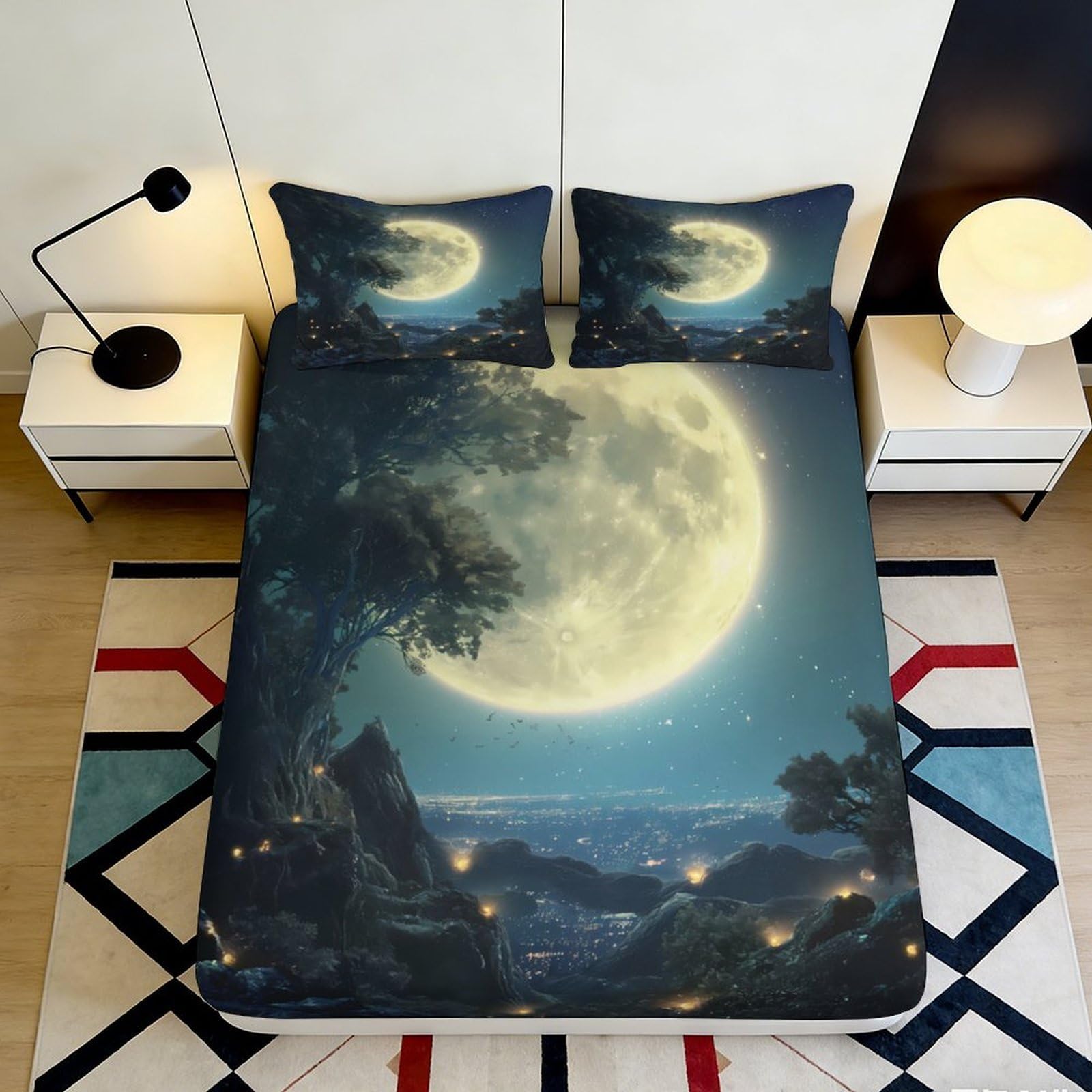 3D Printed Full Moon Night Fitted Sheet Microfiber Soft Durable Starry Sky Bed Cover for Bedroom Dormitory Guest Room Mattress Protection 200x200x25cm