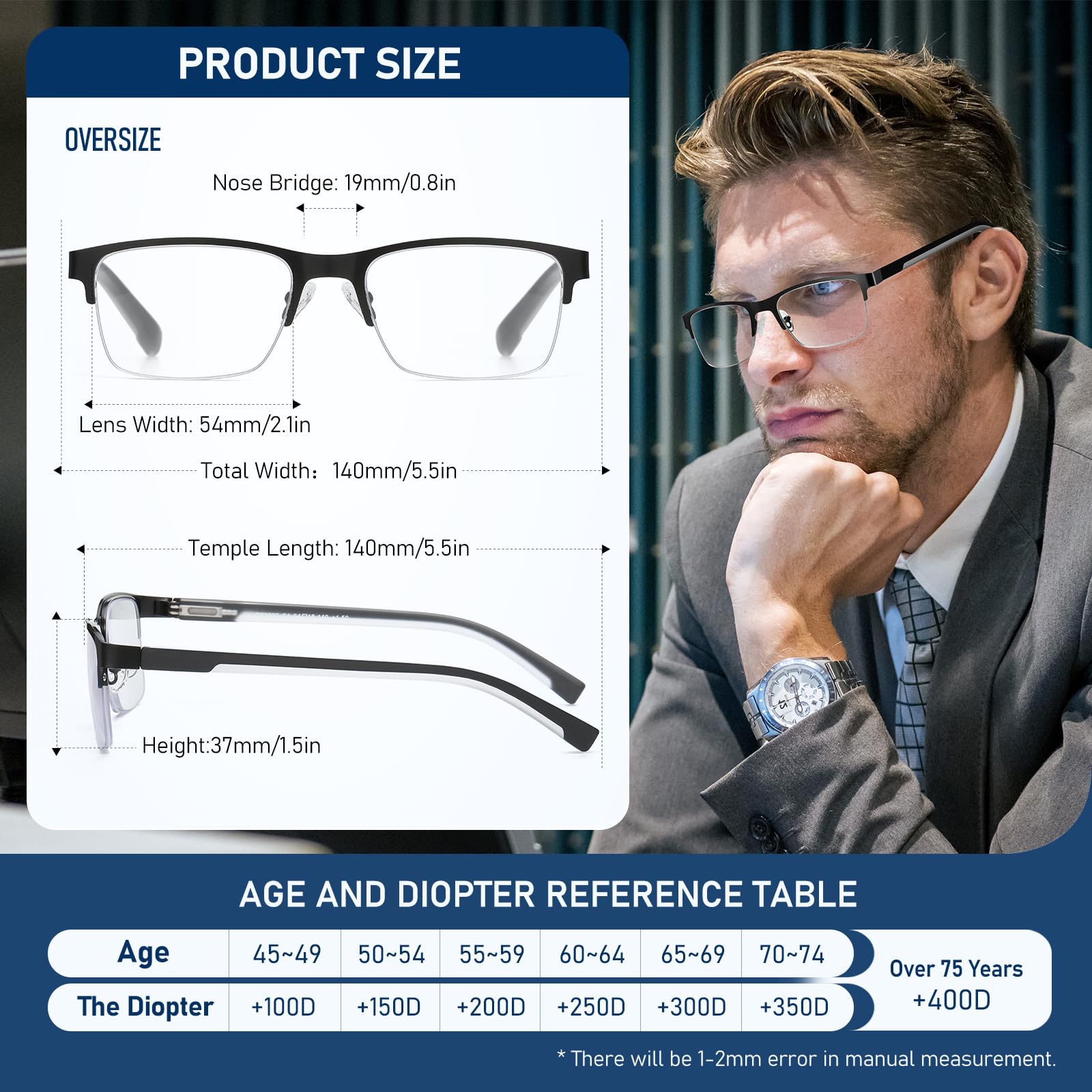 Paquete de 3 gafas de lectura extragrandes con bloqueo de luz azul para ordenador, montura rectangular de metal, lentes antirreflectantes, diseño ancho con bisagra de resorte, PT20