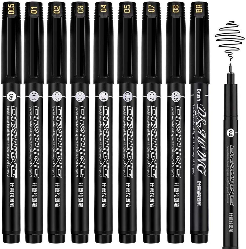 9Pcs/Set Precision Black Micro-Liner Fineliner Ink Pens - Waterproof Archival ink Fine Point Micro Pen, Multiliner - Sketching, Anime, Illustration, Technical Drawing, Office Documents&Scrapbooking