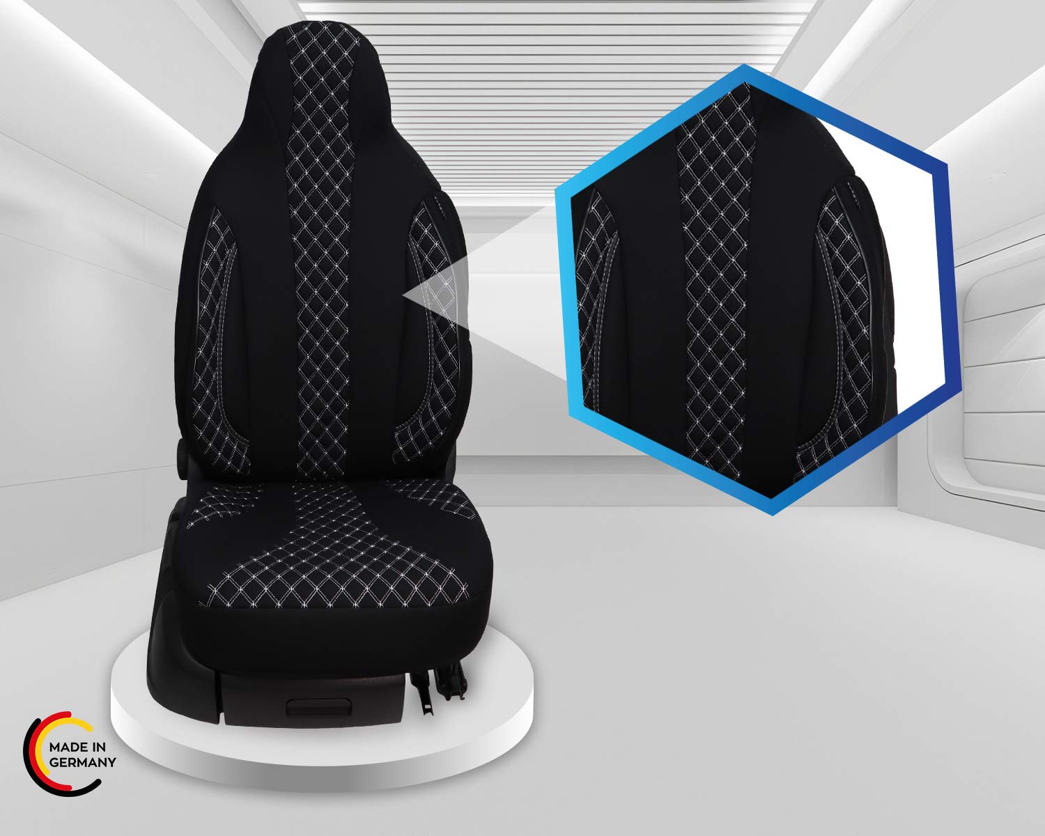 BREMER SITZBEZÜGE Coprisedili per auto compatibili con Iveco Iveco Daily 7 conducente e passeggero a partire dal 2020, set di coprisedili per auto, confezione da 2 pezzi, con cuciture bianche e nere