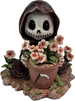 Grim Reaper Figurine,Grim Reaper and Flowers Statue | Resin Halloween Decoration,4 Different Types of Skull Grim Reaper Figurine