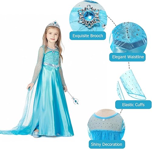 Miniatura 2 de Foierp Disfraz de Elsa para niñas, disfraz de princesa de Frozen Elsa, ropa de cosplay, fiesta de disfraces, Halloween, cumpleaños con accesorios