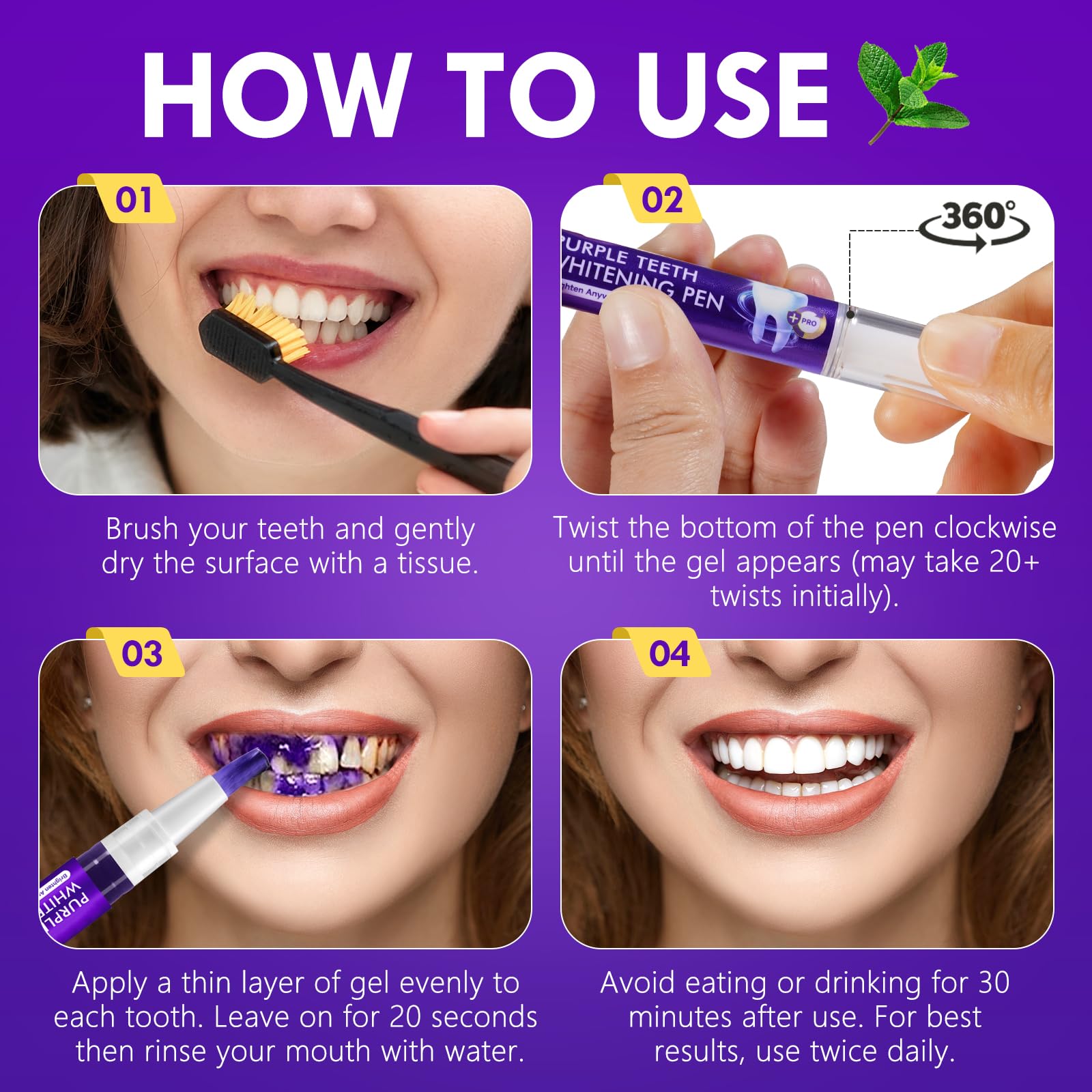 Lápiz blanqueador de dientes púrpura, 6 PIEZAS Esencia de gel blanqueador dental, fórmula suave, eliminación rápida y eficaz de manchas dentales