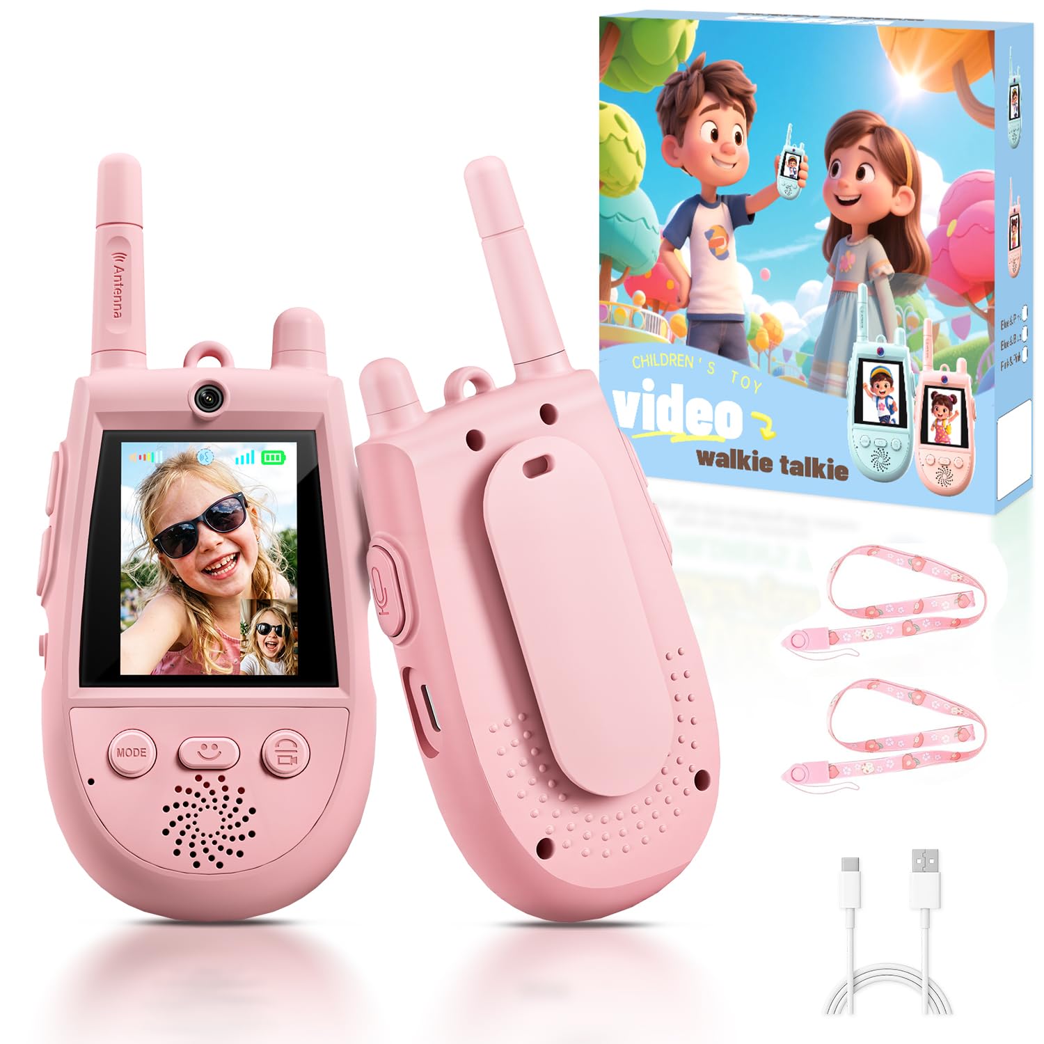 2 Pack Walkie Talkies for Kids, Rechargeable Kids Video Walkie Talkies with Camera & Voice Changer, Long Range Video Chat Toy for Age 3-12, Indoor,