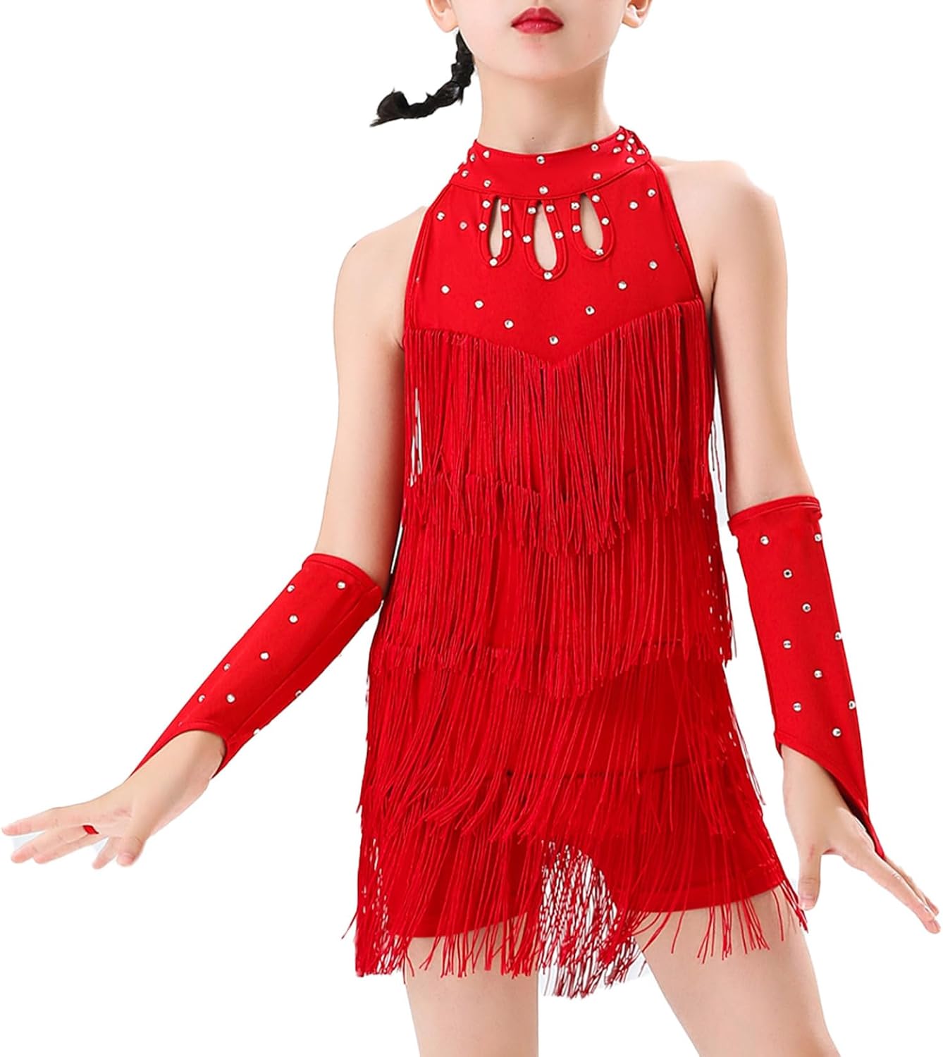 Kids Girls Tassel Latin Dance Dress Halter Backless Flapper Fringe Ballroom Chacha Rumba Tap Salsa Dance Costume
