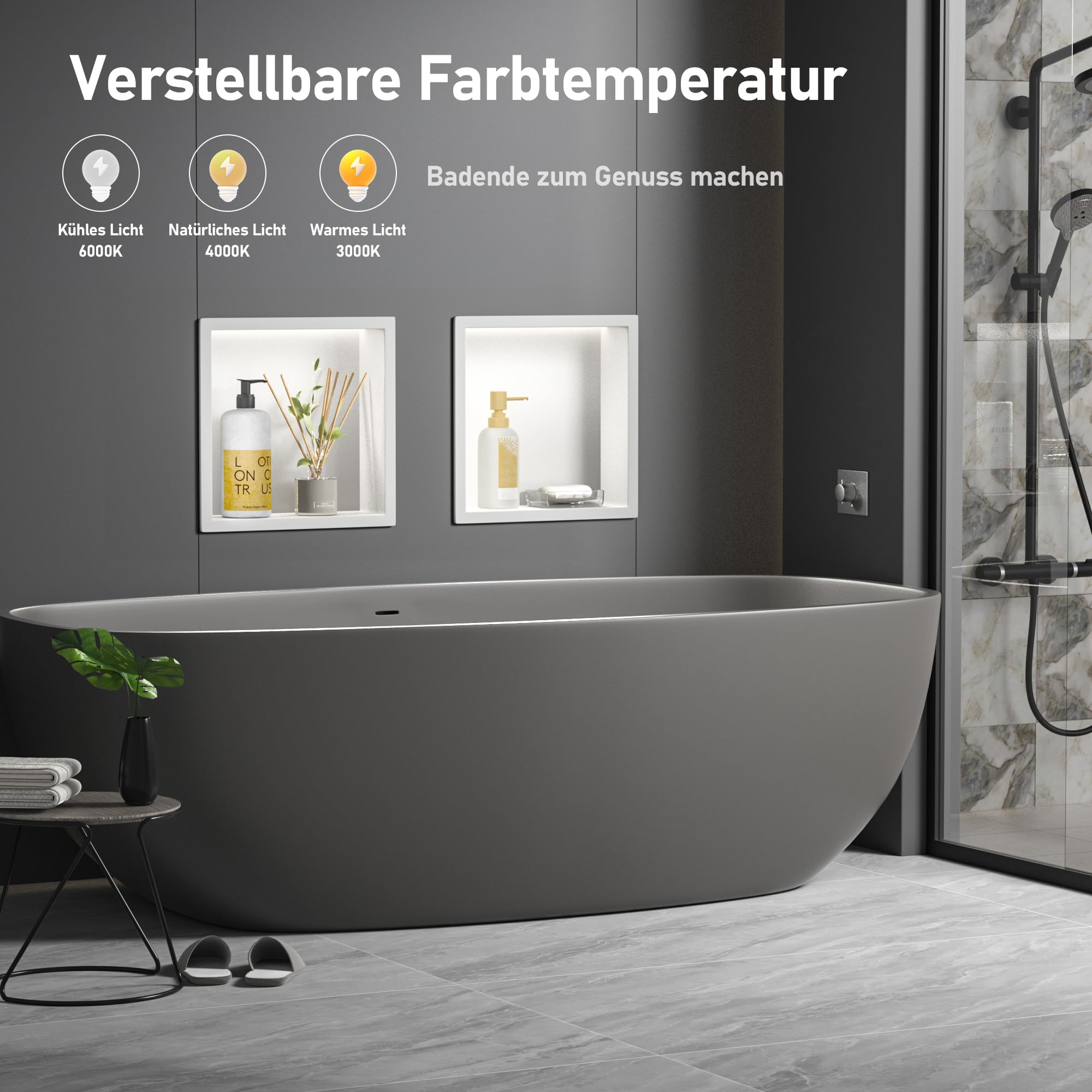 Nicho de pared de acero inoxidable con LED, nicho de ducha con iluminación para almacenamiento de baño, empotrable, con ajuste de temperatura de color, 30 x 30 x 10 cm, color blanco