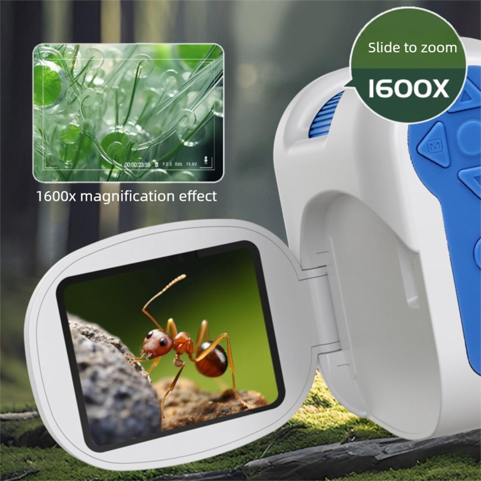 Microscopio de Mano 1600X, Cámara de Microscopio Digital Portátil, Kit de Ciencia Educativa con Pantalla a Color Plegable y Luz LED, Ideal para Niños, Niñas y Estudiantes (Azul Blanco)