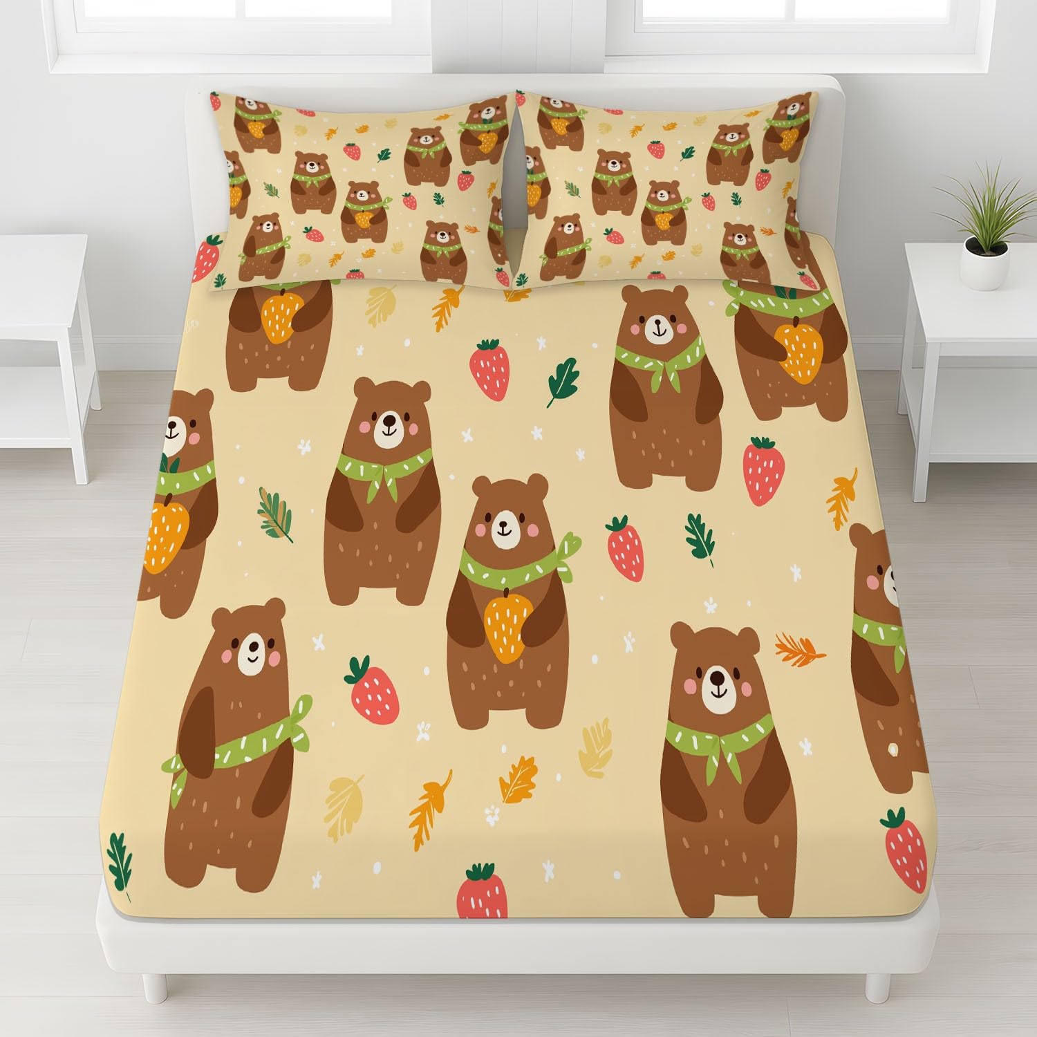 Süßer Teddybär mit Beeren Spannbettlaken 200 x 200 cm - Bettlaken Pflegeleicht, Gemütliche Cartoon-Illustration, Bettwäsche-Set, 3-teiliges Kinderzimmer & Babyzimmer