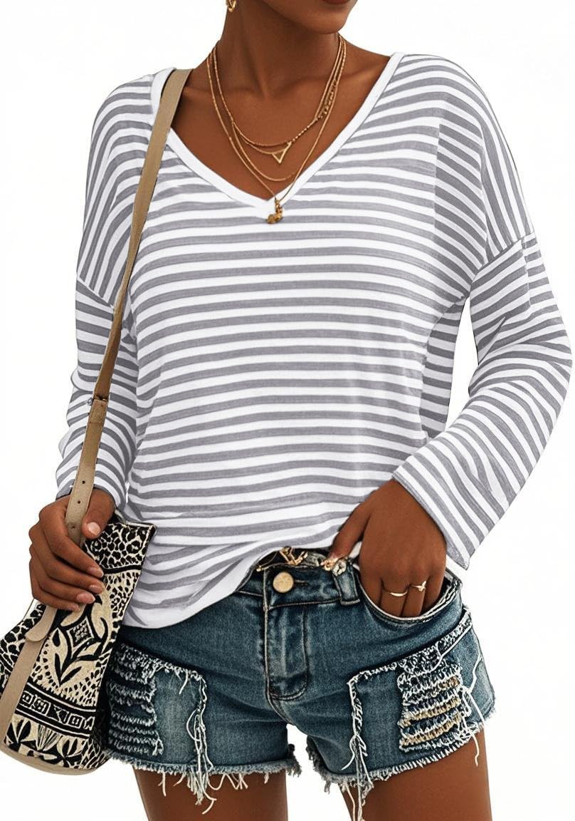 LilyCoco Womens Striped Shirt V Neck Casual Long Sleeve T Shirts Grey X-Large