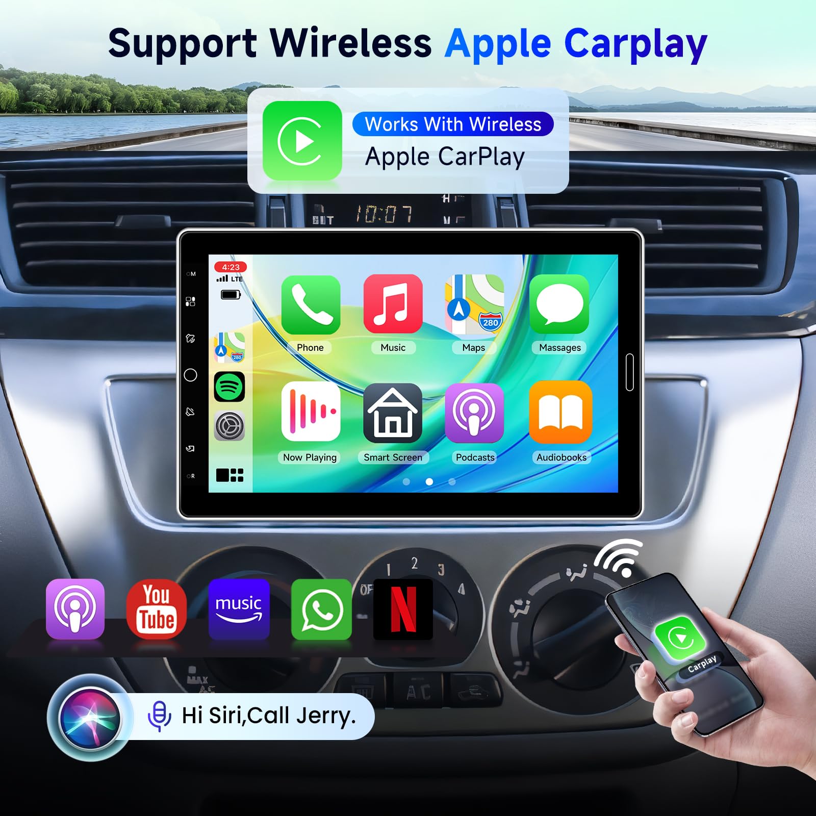 Radio de Coche 1 DIN Pantalla Táctil IPS 10,1" Giratoria Inalámbrica CarPlay Android Auto Bluetooth Am/FM/RDS Control Volante Ecualizador Mirror Link USB