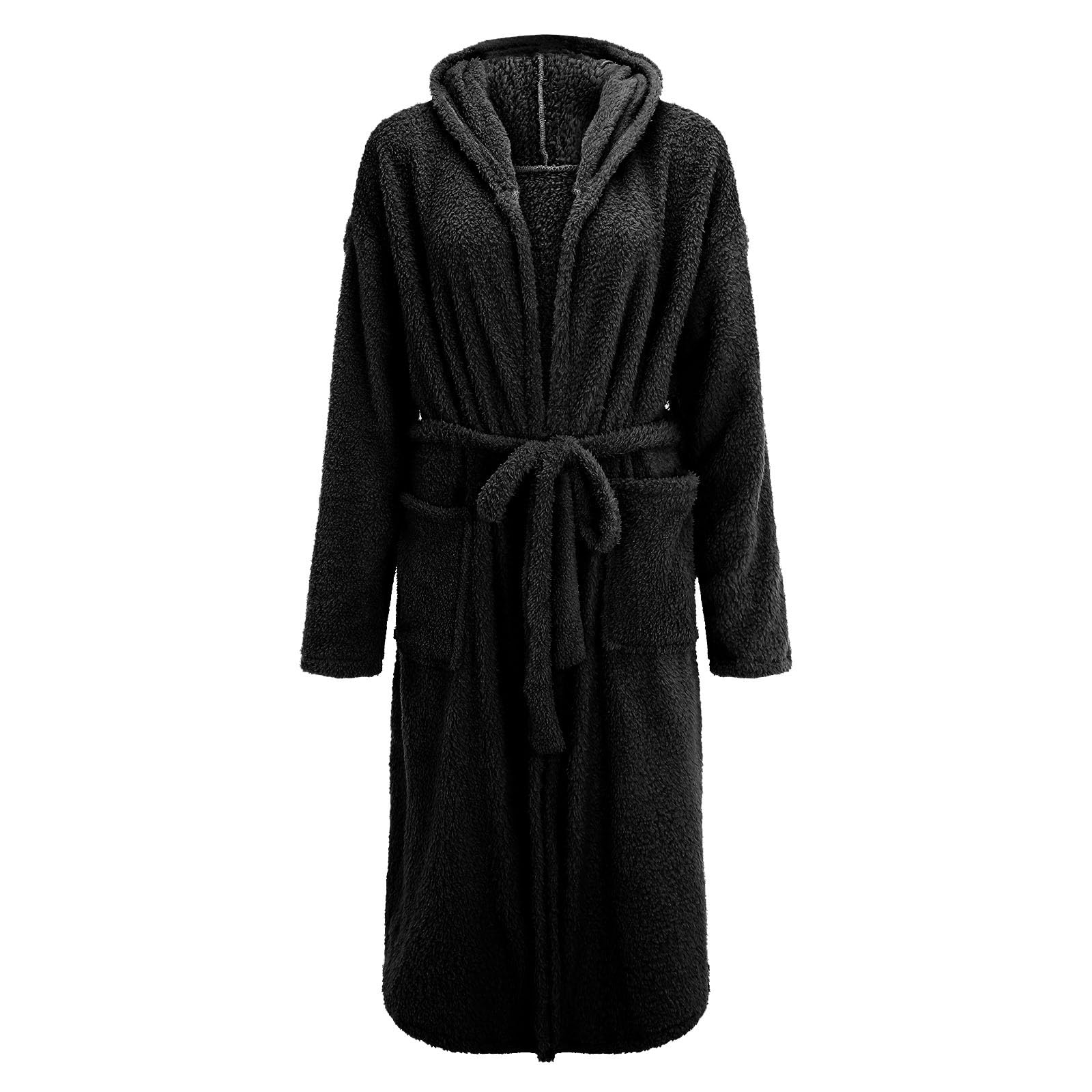 Albornoz Negro Liso con Capucha para Mujer, Suave, Esponjoso, Cálido, Liso, Largo, con Cinturón, Ligero, Lujoso y Acogedor para Estar En Casa En Invierno.