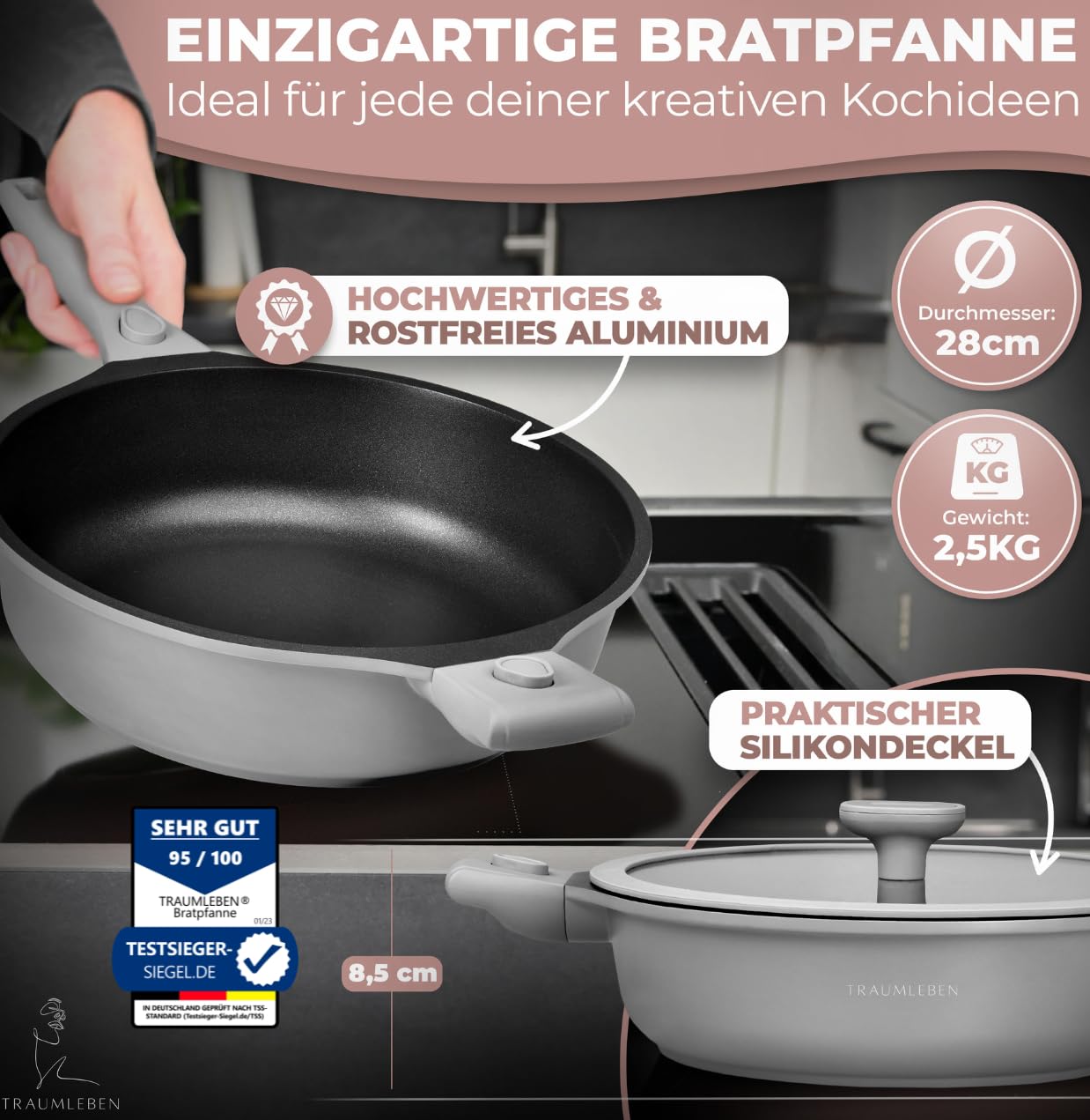TRAUMLEBEN Bratpfanne 28 cm mit Deckel & abnehmbaren Griffen (Grau) | Antihaftbeschichtung, PFOA-frei, für Induktion geeignet, backofenfest, hoher Rand