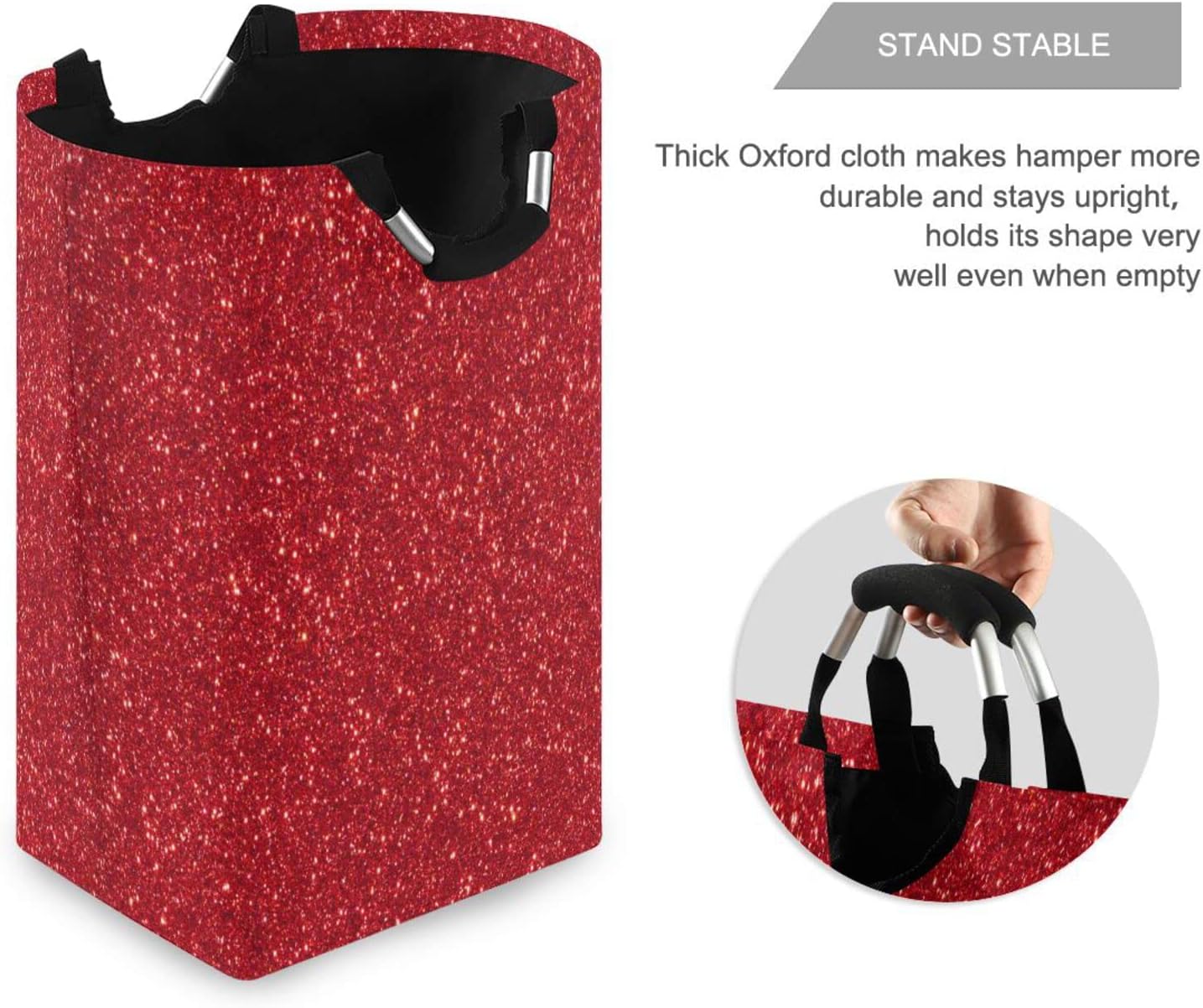 Kigai Red Glitter Texture Laundry Hamper Waterproof Foldable Laundry Basket Dirty Clothes Toys Storage Basket with Handle for Bathroom, Bedroom, Laundry Room, Playroom