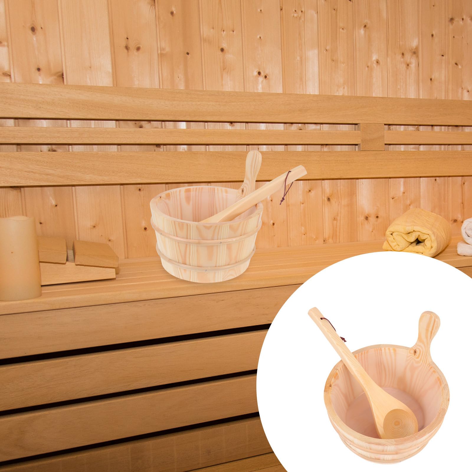GALPADA Holzfass Sauna Eimer mit Löffel 2 Stück für Sauna Schwimmbad und Wellnessbereich mit Integriertem Wasserbehälter und Innentank