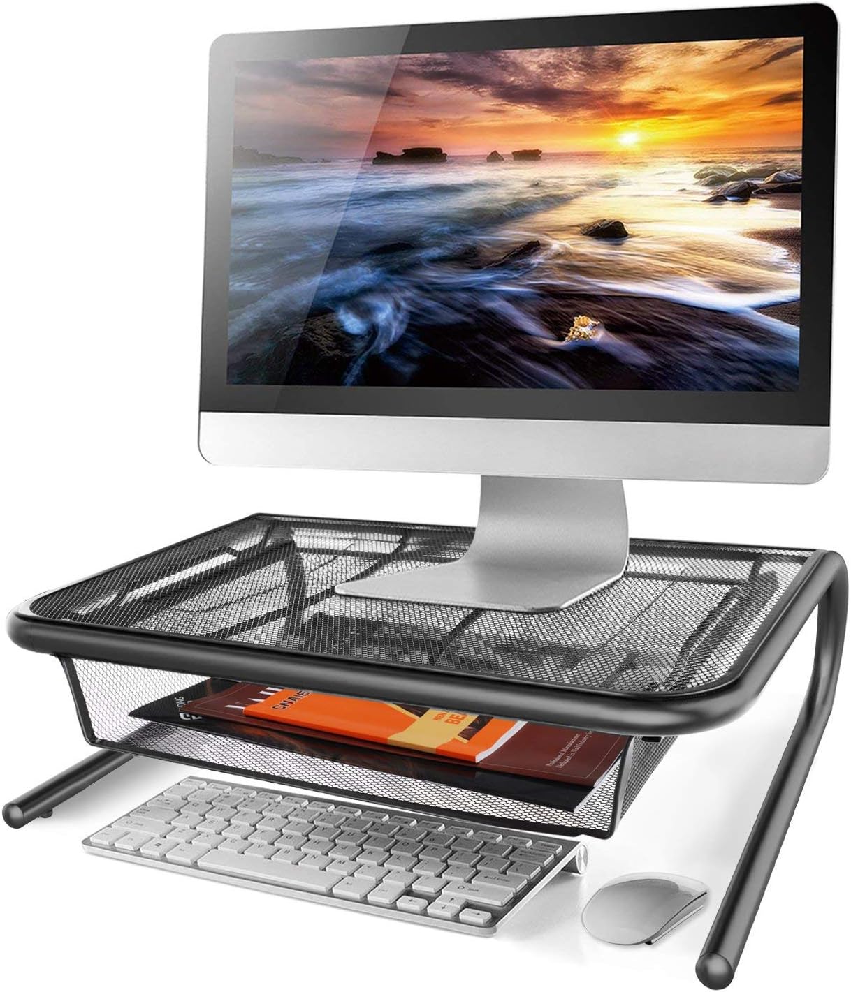 Metal Mesh Monitor Desk Stand Riser Printer Stand Holder with Drawer Organizer for Computer Laptop I Mac Desk - Black