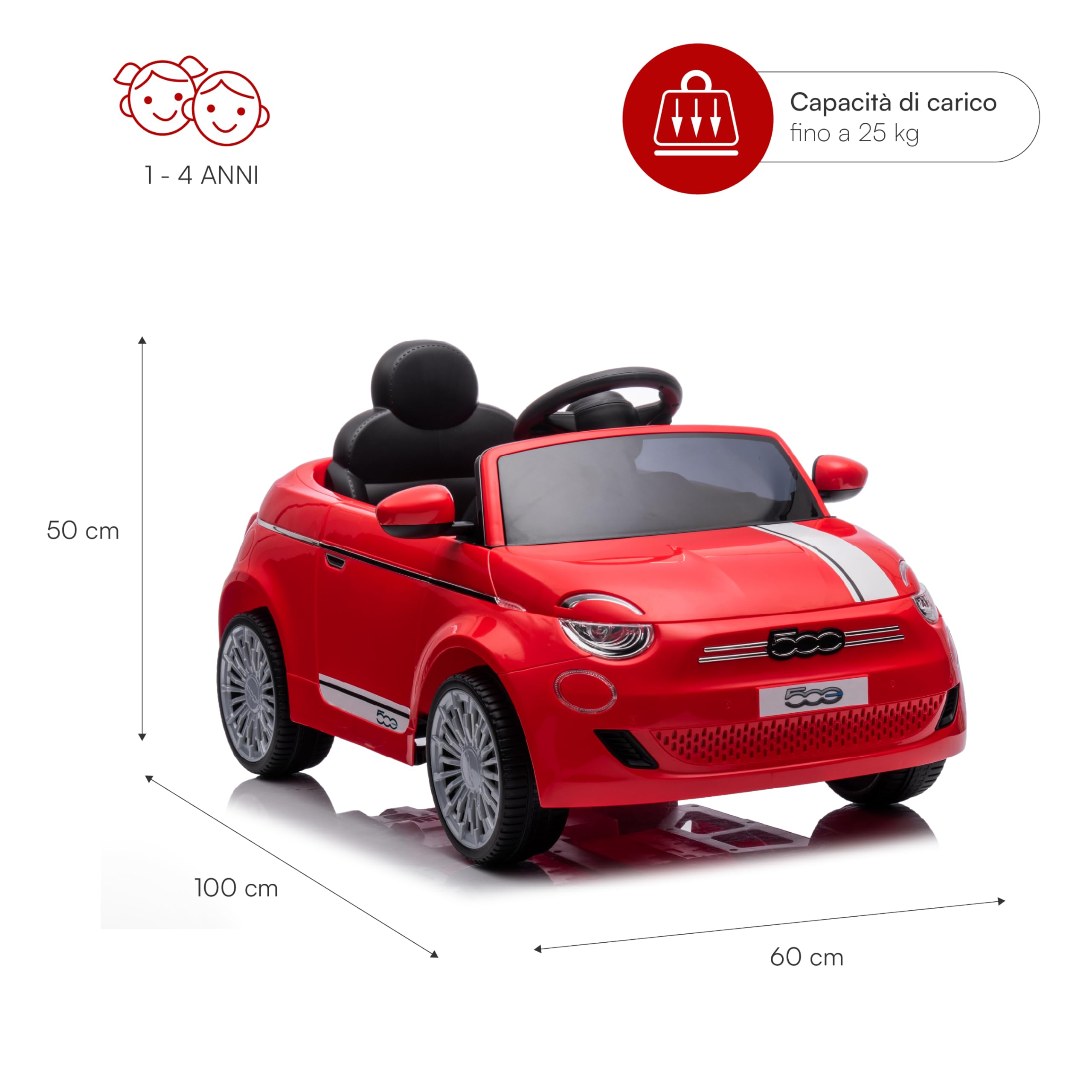 Baroni Toys FIAT 500 Baby Car Elettrica 12V con Telecomando Genitori, Luci, Suoni, Retromarcia, Cintura di Sicurezza – Auto per Bambini 1-4 Anni, Rossa