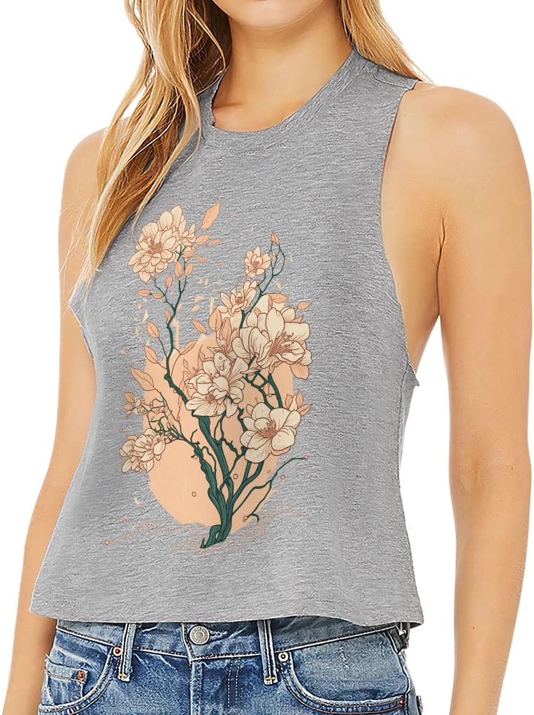 Japanese Flower Racerback Cropped Tank - Printed Women's Tank - Cute Tank Top
