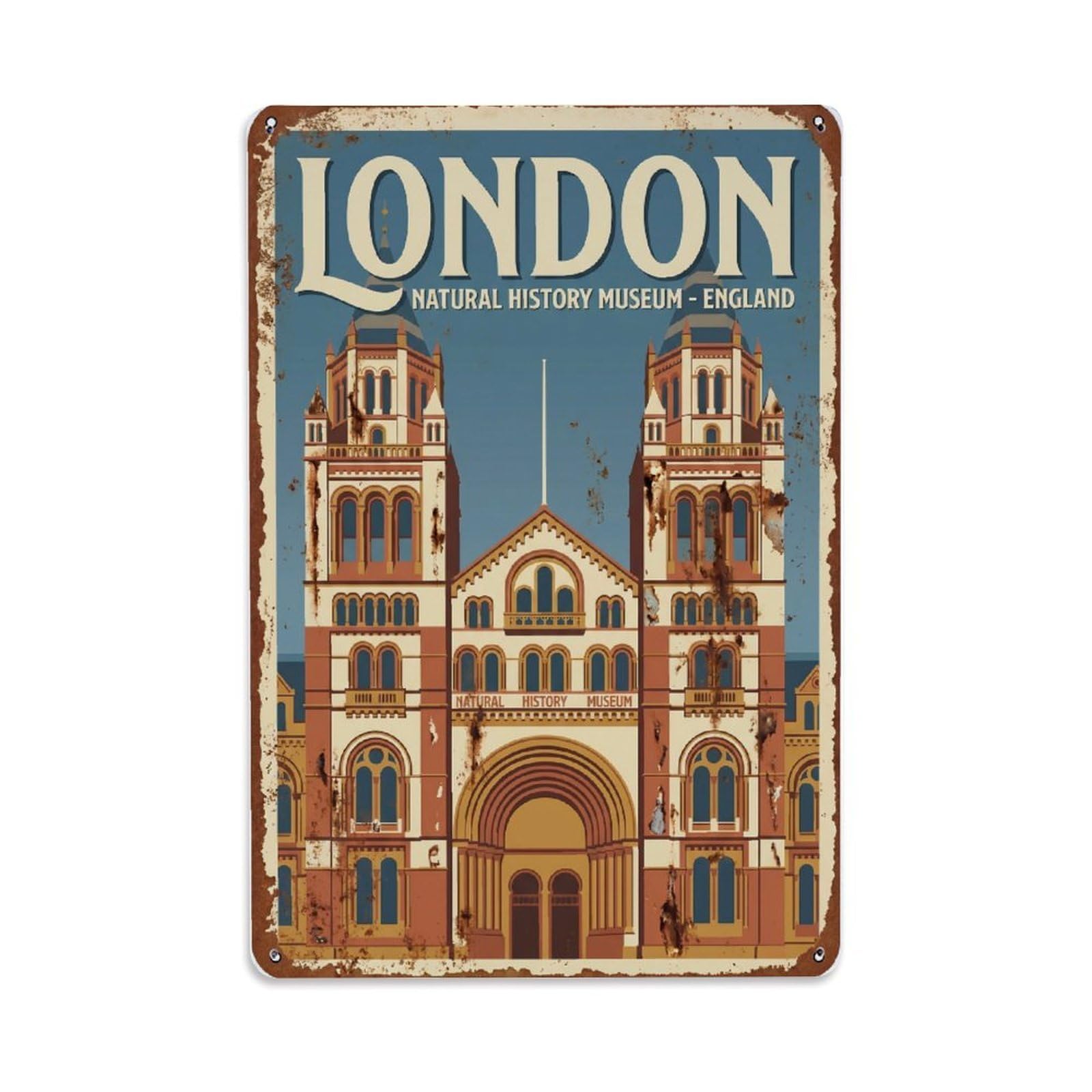 Vintage Travel London Natural History Museum Architecture Rusted England Metal Tin Sign Plaque Wall Decor for Cafe, Club Bar, Office, Home Garden Metal Poster 8x12Inch